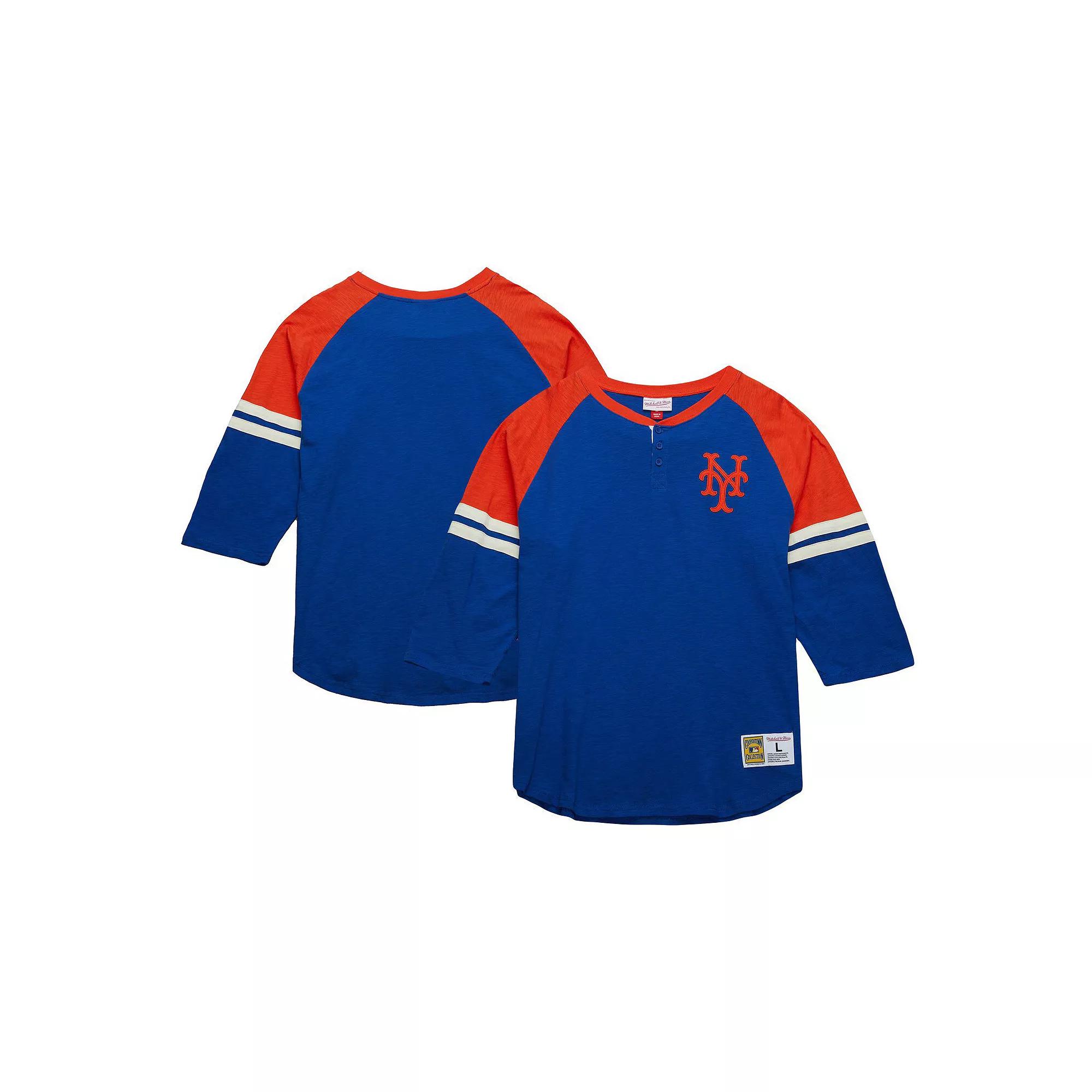 Men's Mitchell & Ness Royal New York Mets Cooperstown Collection Legendary Raglan Slub Henley 3/4-Sleeve T-Shirt, Size: Large, Blue Product Image