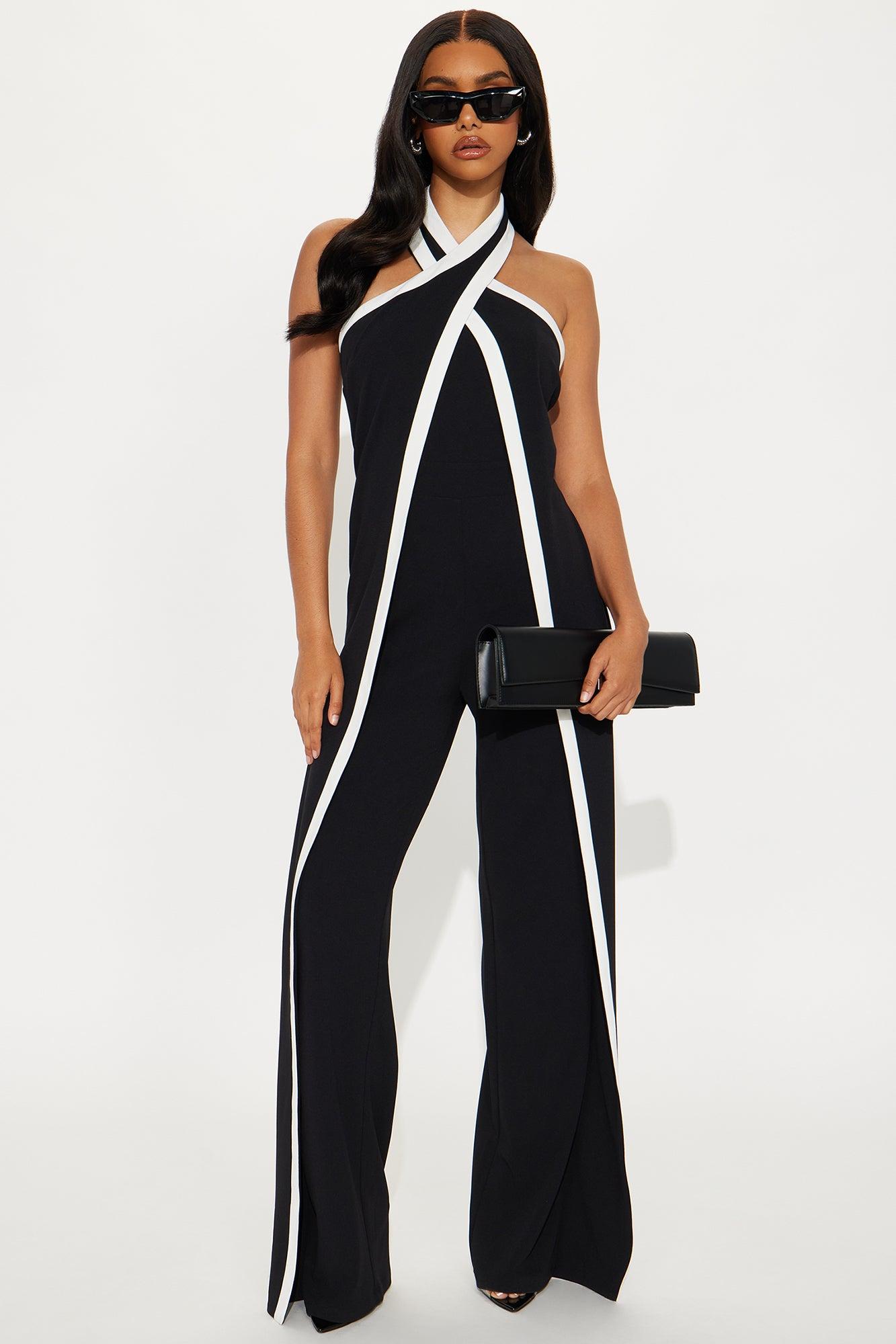 For The Moment Draped Halter Jumpsuit - Black/White Female Product Image
