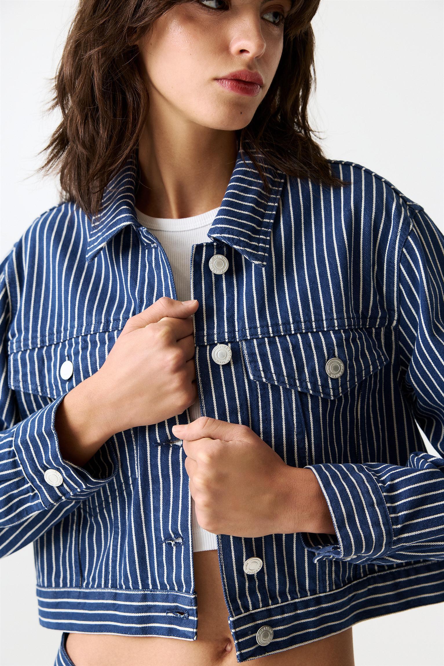 Oversized striped denim jacket Product Image