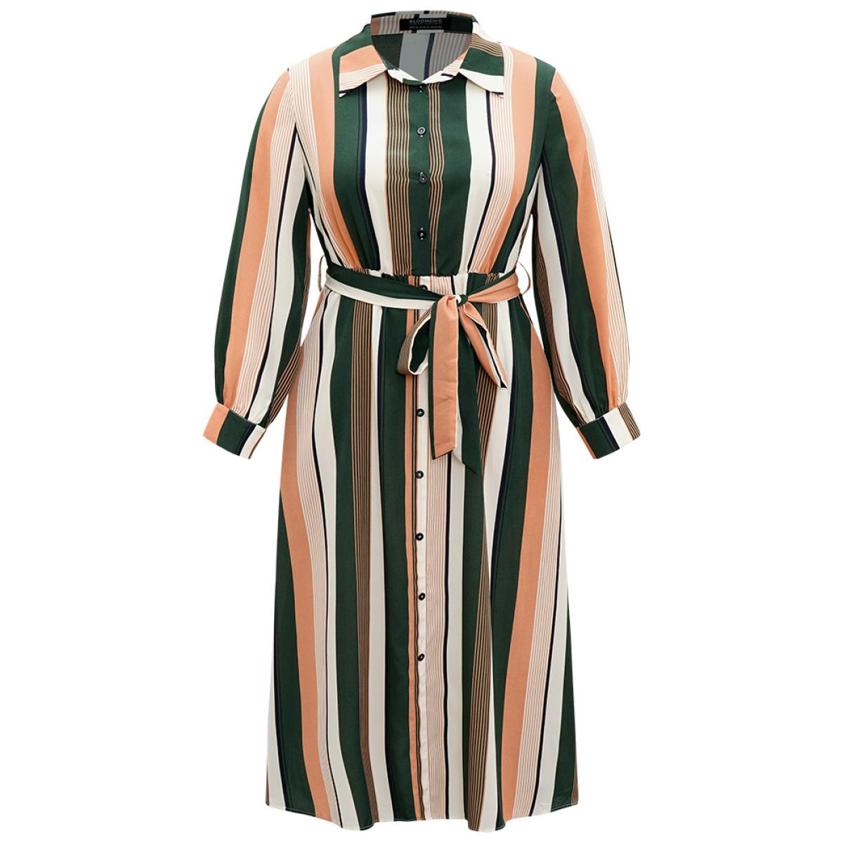 Plus Size Striped Belted Shirt Collar Button Through Dress Multicolor Women At the Office Printed Shirt collar Long Sleeve Curvy Midi Dress BloomChic 30/6X Product Image