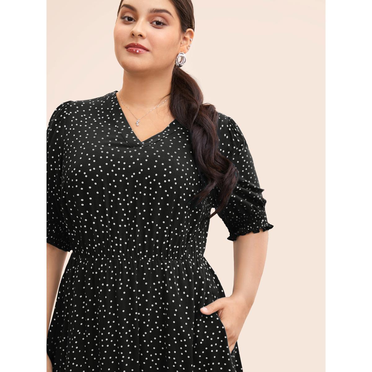 Plus Size Polka Dot Shirred Pocket Flutter Hem Dress Black Women Office Printed V-neck Half Sleeve Curvy Midi Dress BloomChic 22-24/3X Product Image