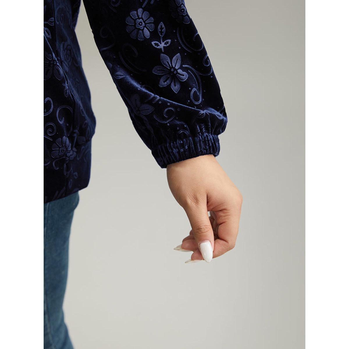 Plus Size Velvet Solid Floral Hooded Drawstring Sweatshirt Women Navy Elegant Elastic cuffs Hooded Dailywear Sweatshirts BloomChic 26/4X Product Image