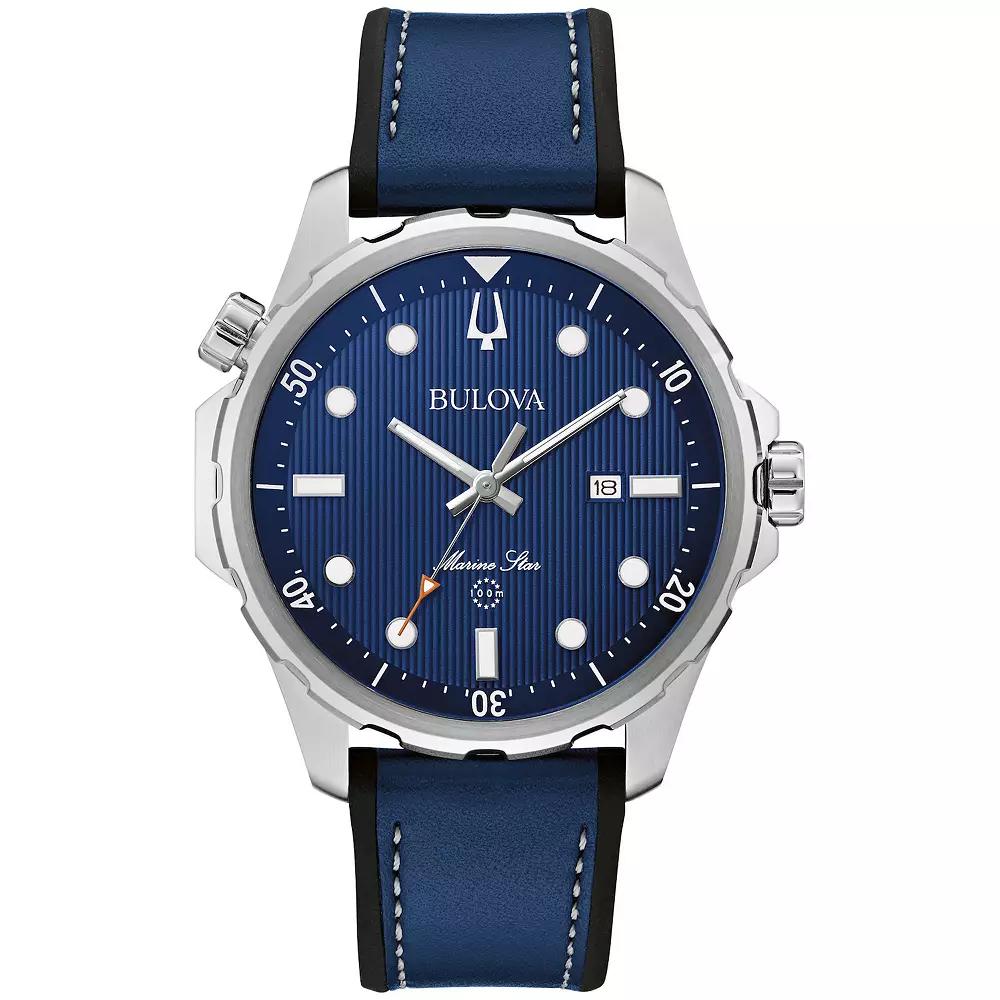 Bulova Men's Marine Star Stainless Steel Blue Dial Leather & Silicone Strap Watch - 96B419,  Product Image
