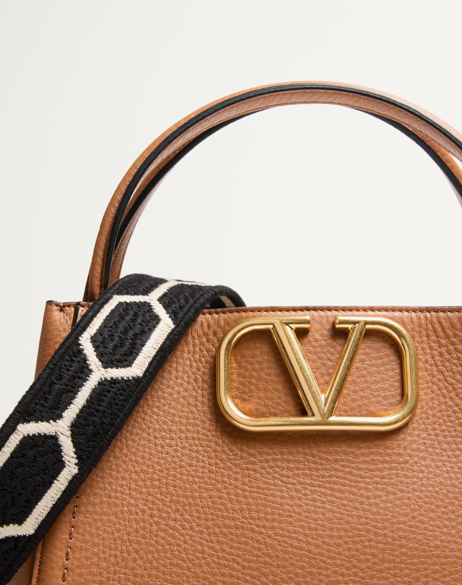 Valentino Garavani Alltime Medium Handbag In Grainy Calfskin With Jacquard Ribbon Shoulder Strap Product Image