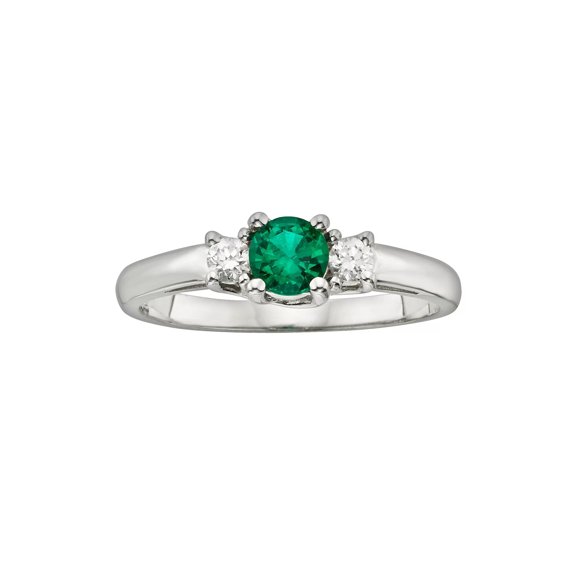 The Regal Collection 14k White Gold Genuine Emerald & 1/6-ct. T.W. IGL Certified Diamond 3-Stone Ring, Women's,  Product Image