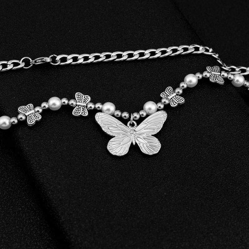 Butterfly Pendant Faux Pearl Beaded Necklace Product Image