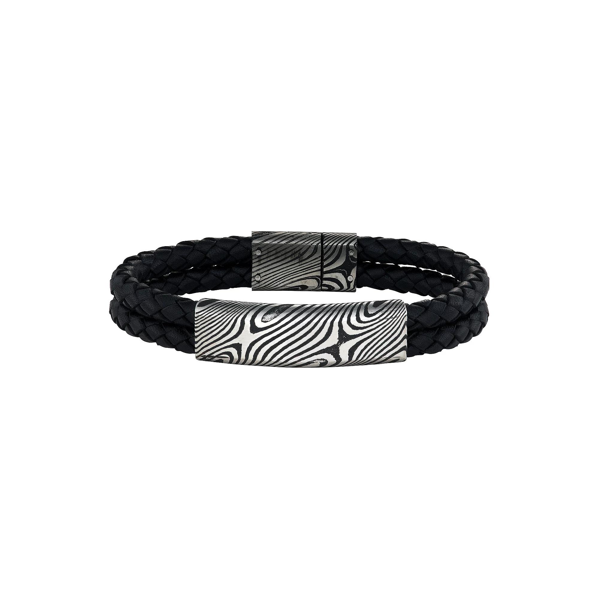 Men's Stainless Steel Damascus Genuine Black Braided Leather Bracelet, Size: 8.5", Silver Tone Product Image