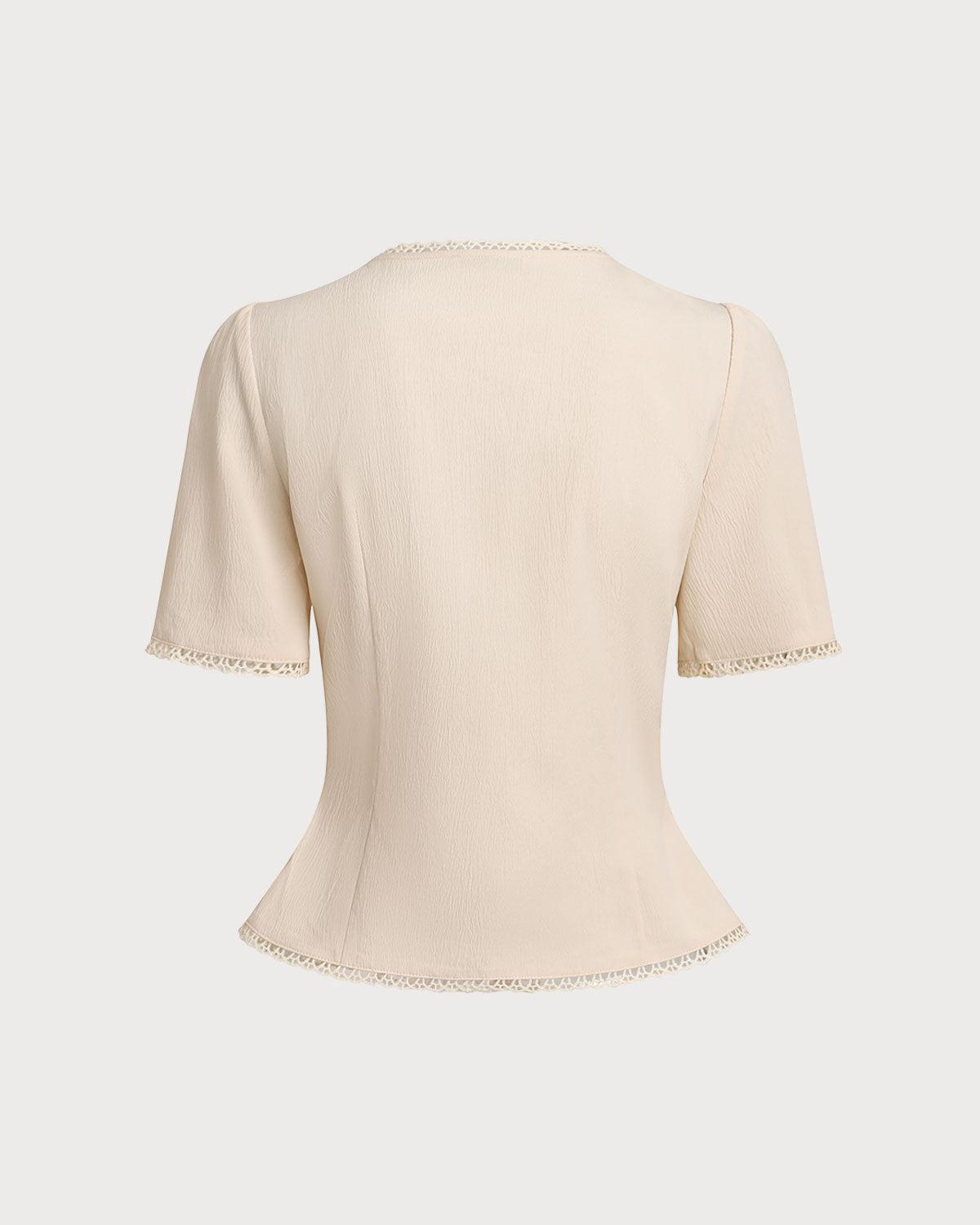 Beige V Neck Pleated Button Blouse Product Image