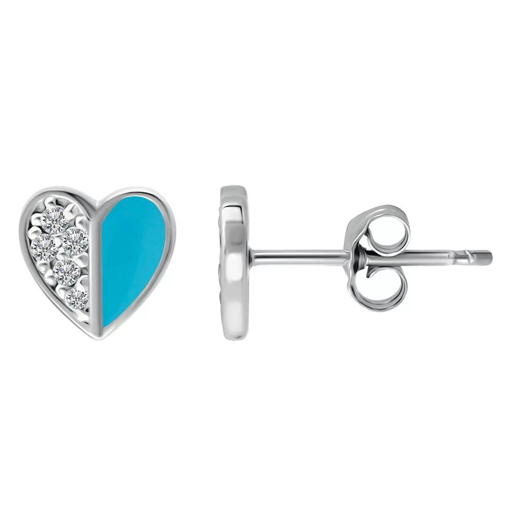 Aleure Precioso Sterling Silver Enamel & Cubic Zirconia Heart Stud Earrings, Women's, Light Blue Product Image