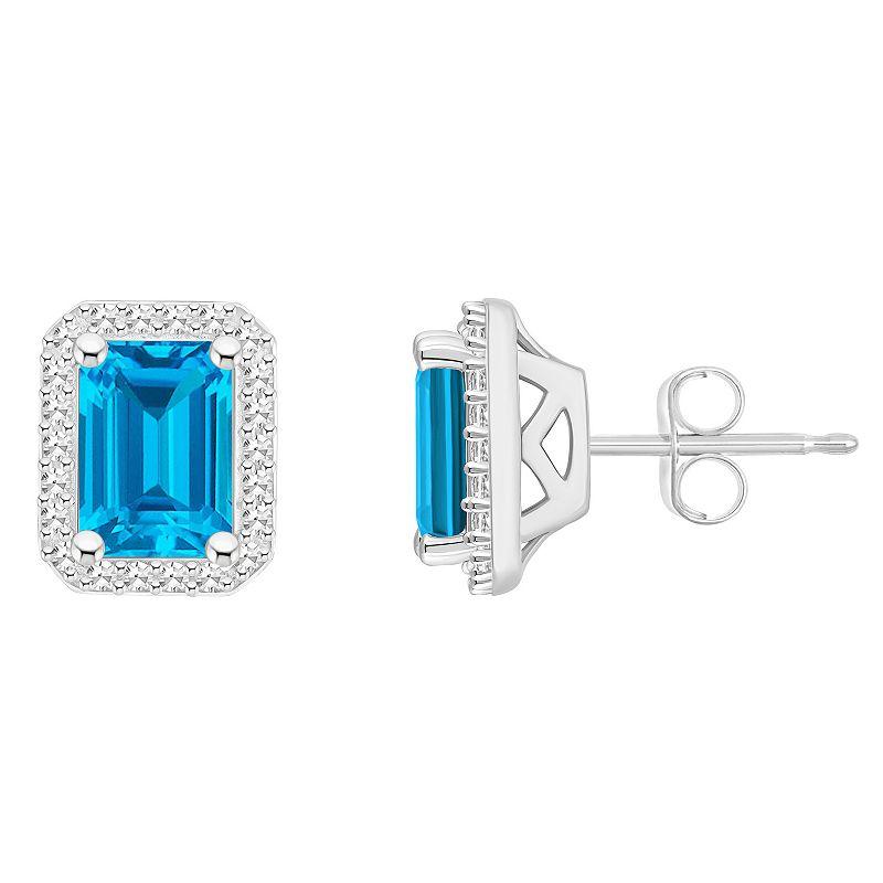 Celebration Gems Sterling Silver Gemstone & 1/5 Carat T.W. Diamond Halo Stud Earrings, Women's, Blue Topaz Product Image