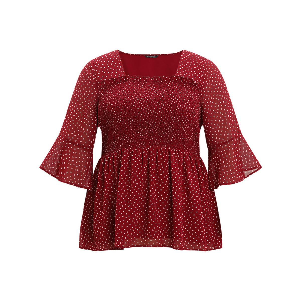 Plus Size Scarlet Leopard Print Frill Trim Shirred Mesh Square Neck Blouse Women Elegant Elbow-length sleeve Square Neck Dailywear Blouses BloomChic 10/M Product Image