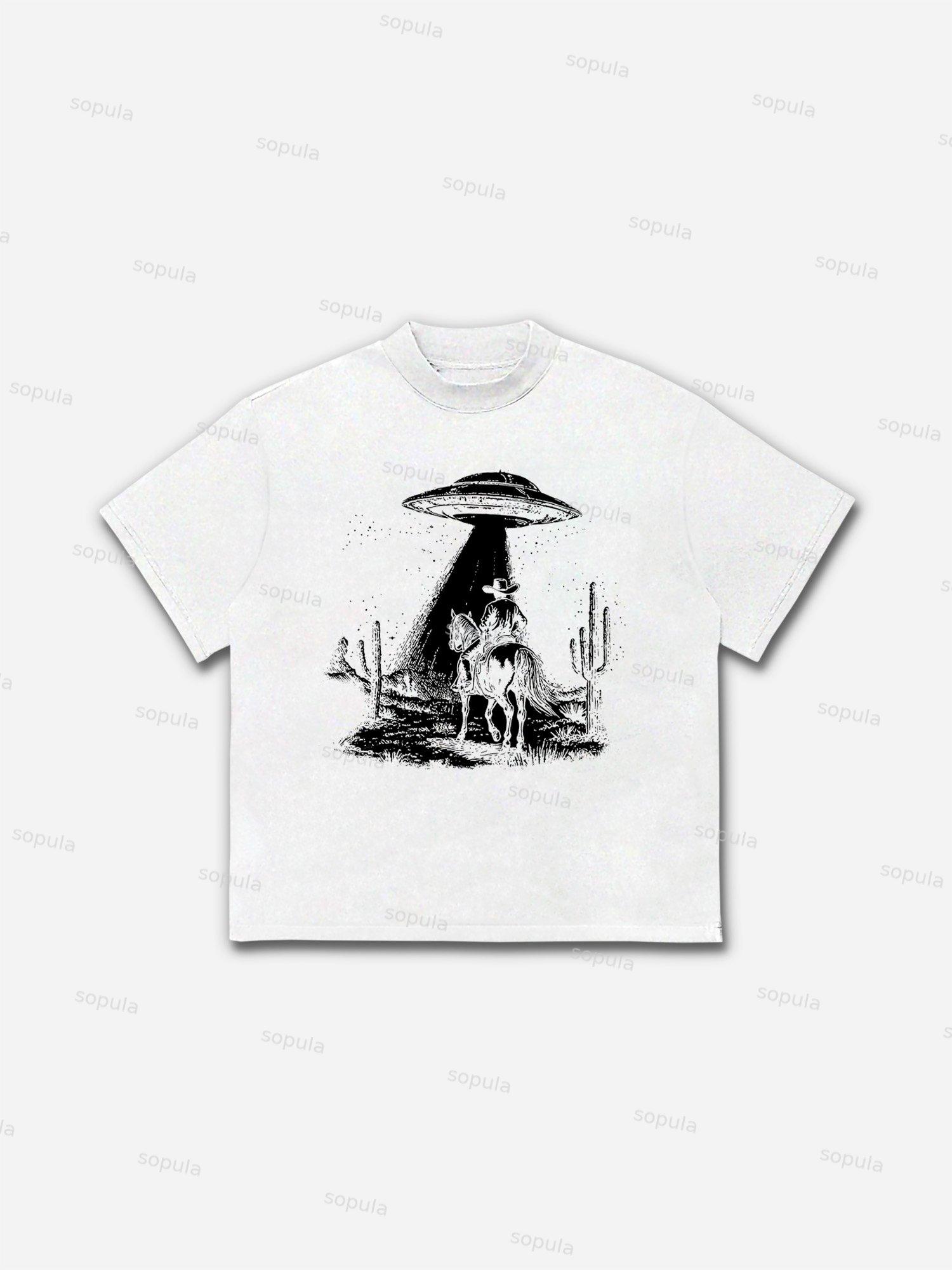 Ufo Western Cowboy Graphic Cotton T-shirt Product Image