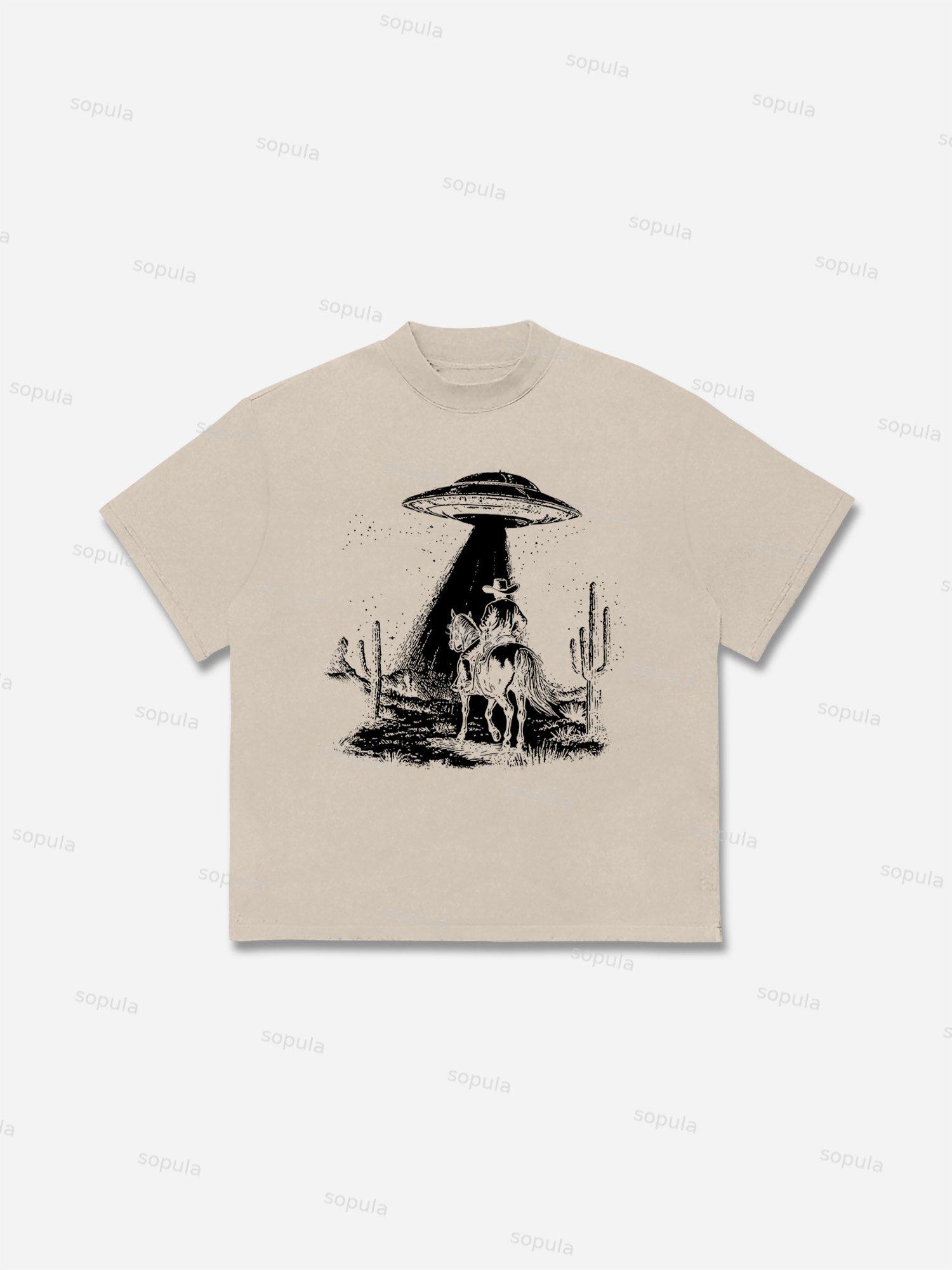 Ufo Western Cowboy Graphic Cotton T-shirt Product Image