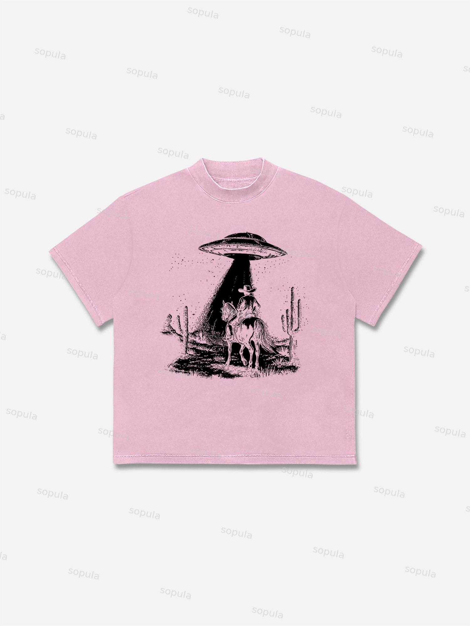 Ufo Western Cowboy Graphic Cotton T-shirt Product Image