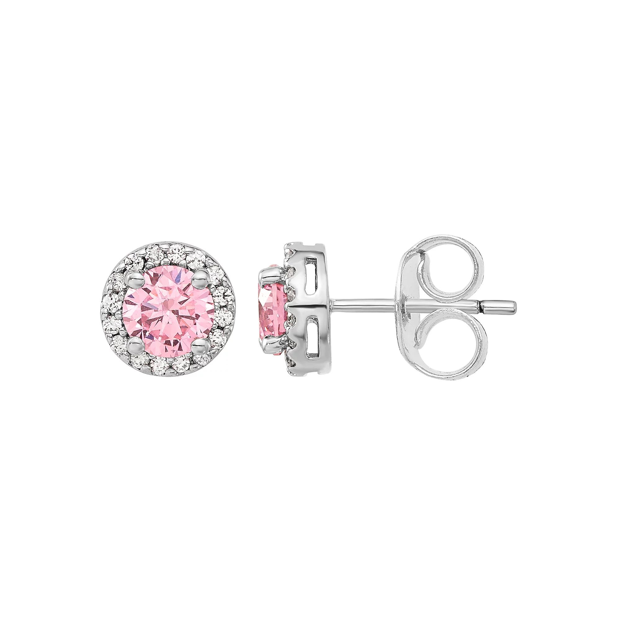 Diamonore Sterling Silver Pink & White Cubic Zirconia Halo Stud Earrings, Women's Product Image