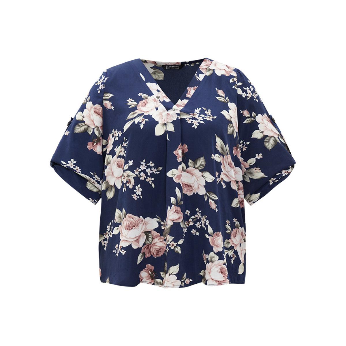 Plus Size Indigo Floral Print V Neck Plicated Detail Tab Sleeve Blouse Women Elegant Half Sleeve V-neck Dailywear Blouses BloomChic 10/M Product Image