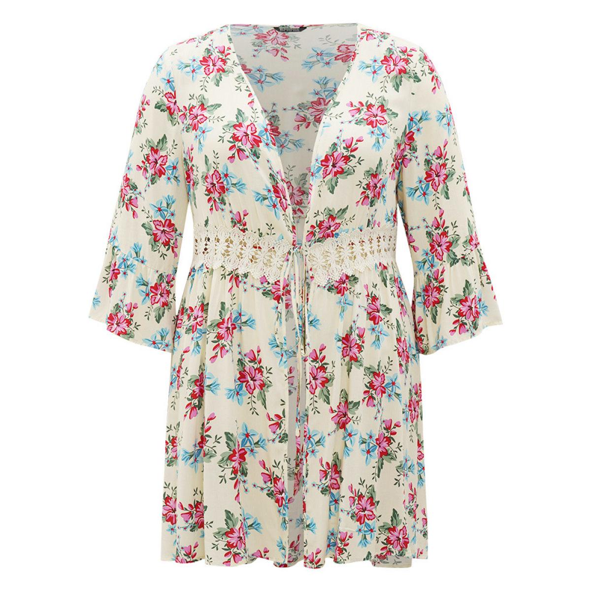 Plus Size Floral Print Open Front Knot Guipure Lace Ruffles Kimono Women Beige Vacation Printed Dailywear Kimonos BloomChic 10/M Product Image