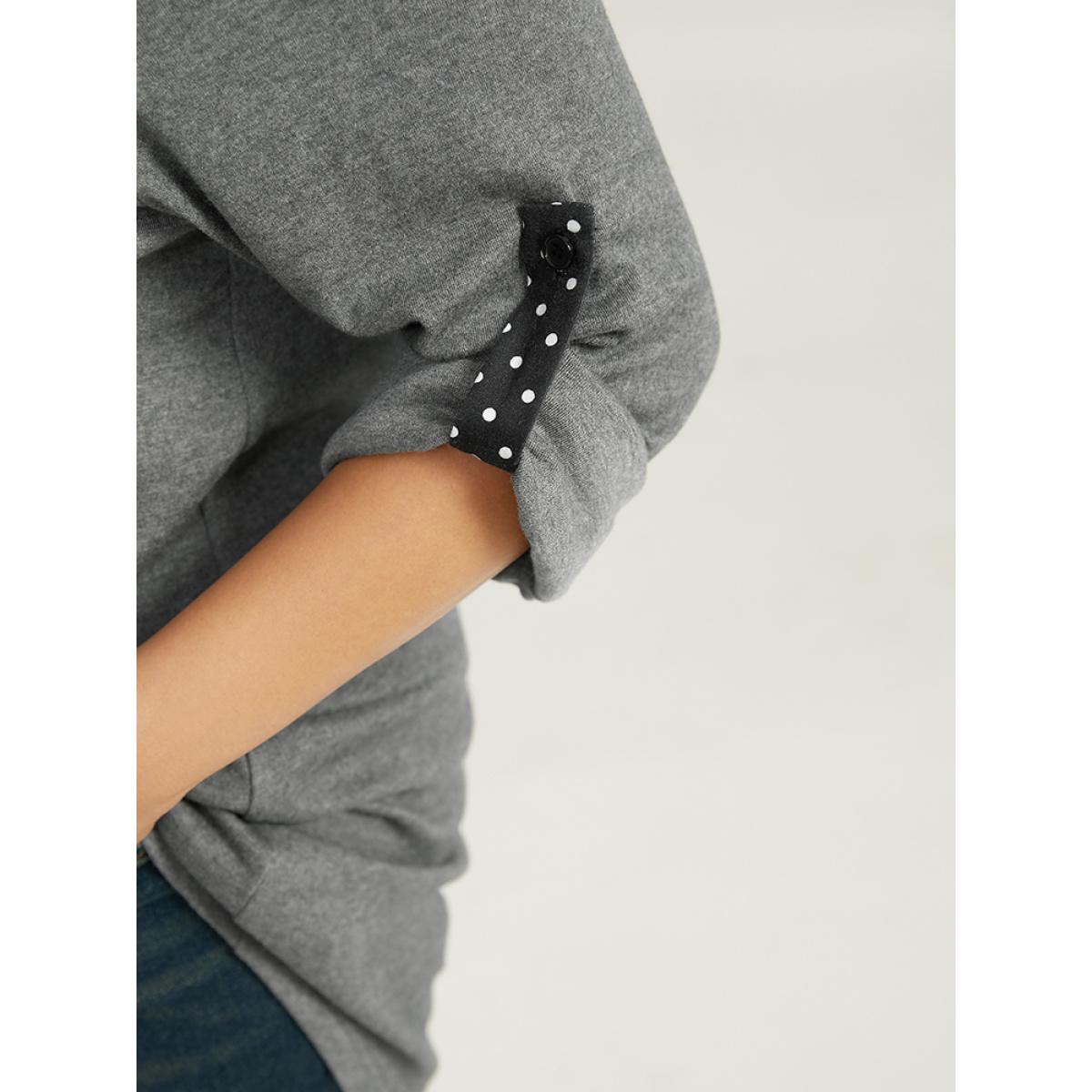 Plus Size Polka Dot Patched Pocket Tab Sleeve T-shirt DimGray Women Casual Contrast Polka Dot Round Neck Dailywear T-shirts BloomChic 12/L Product Image