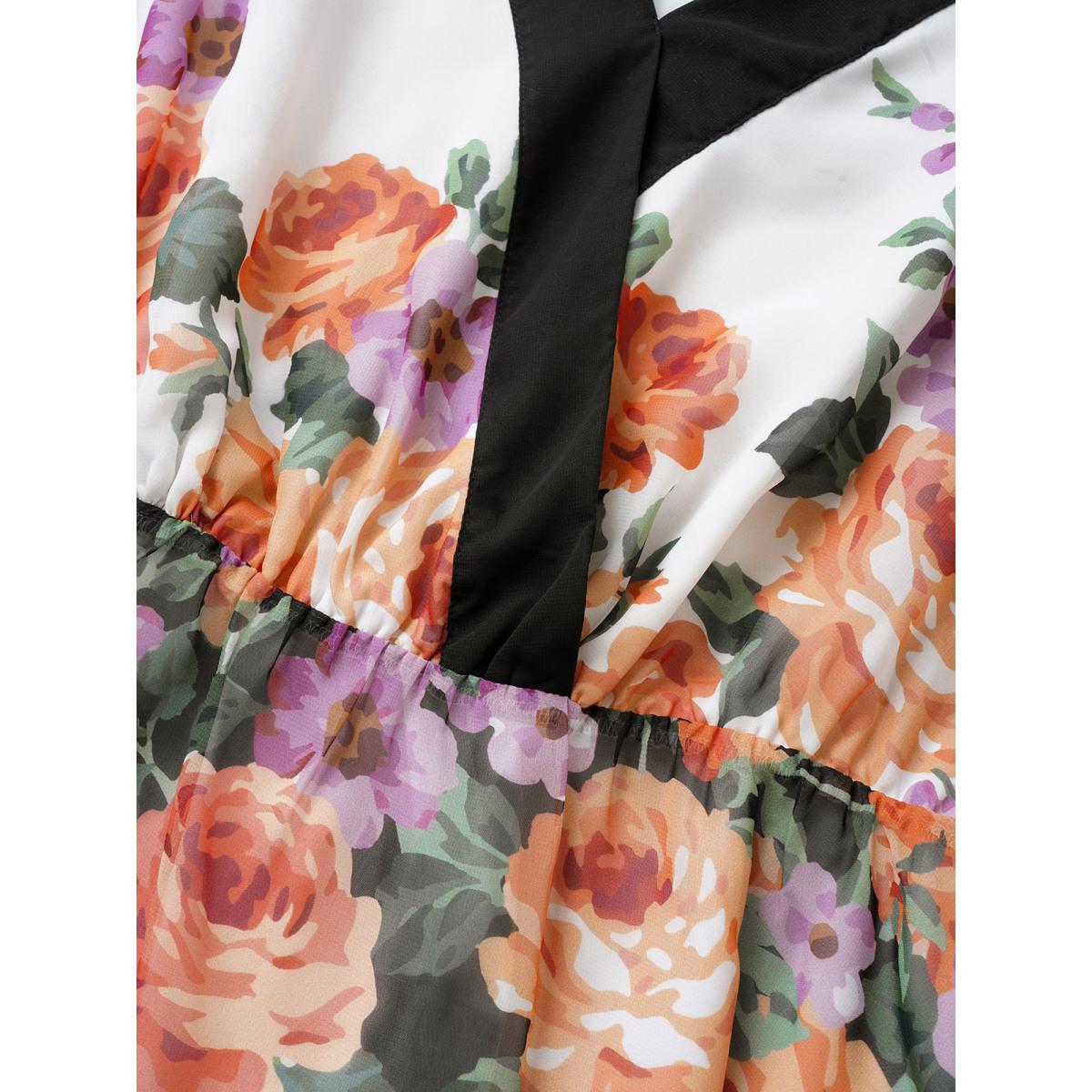 Plus Size Multicolor Floral Contrast Trim Elastic Waist Flutter Sleeve Blouse Women Cocktail Half Sleeve V-neck Party Blouses BloomChic 12/L Product Image