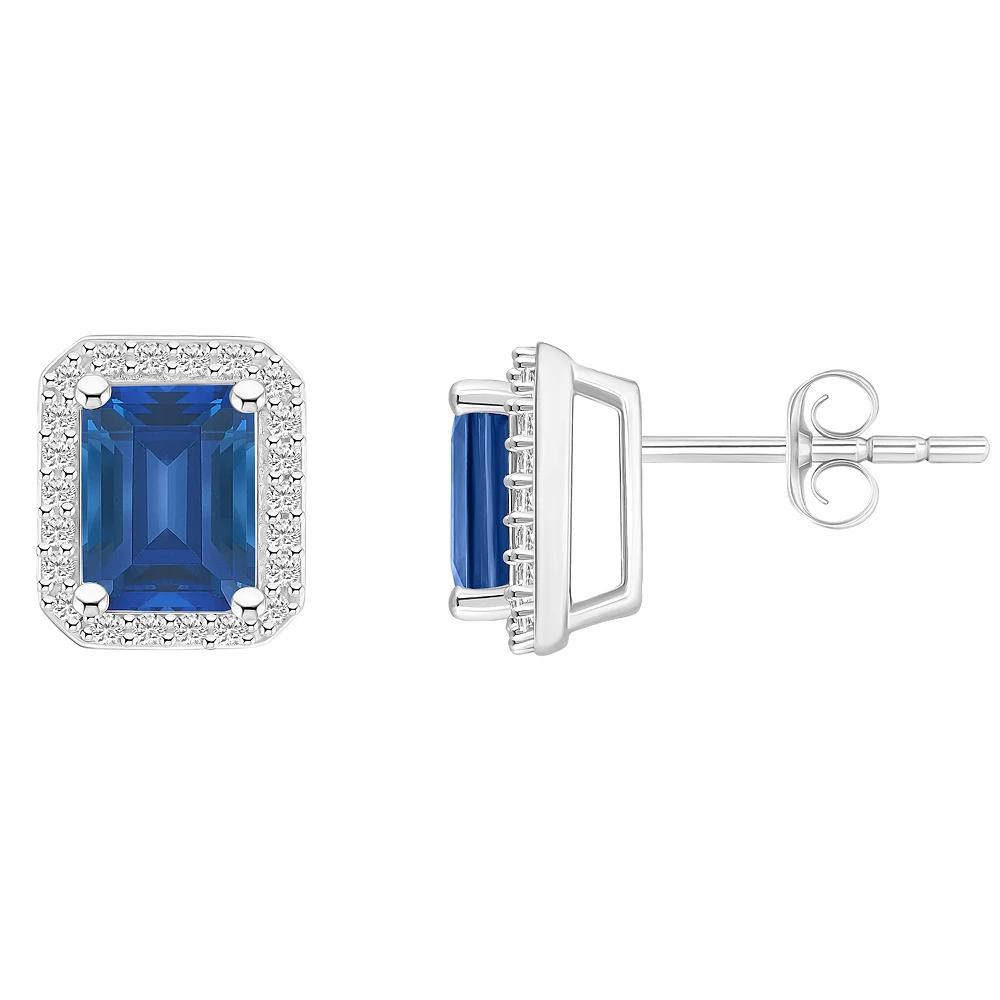 Celebration Gems 10k White Gold Emerald Cut Gemstone & Lab-Created White Sapphire Halo Stud Earrings, Women's, Created Blue Product Image