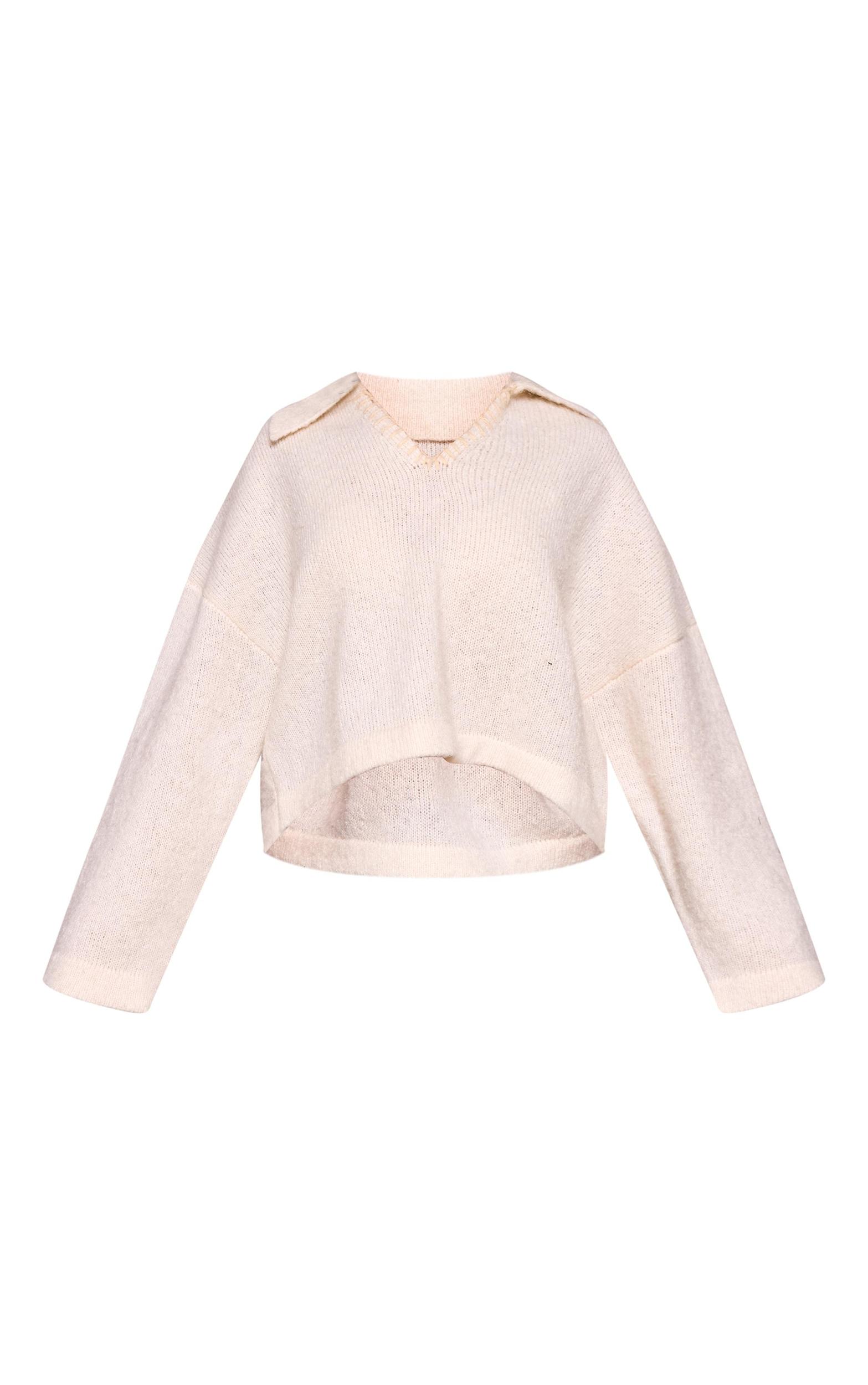 Petite Cream Blanket Stitch Detail Collar Knit Sweater Product Image