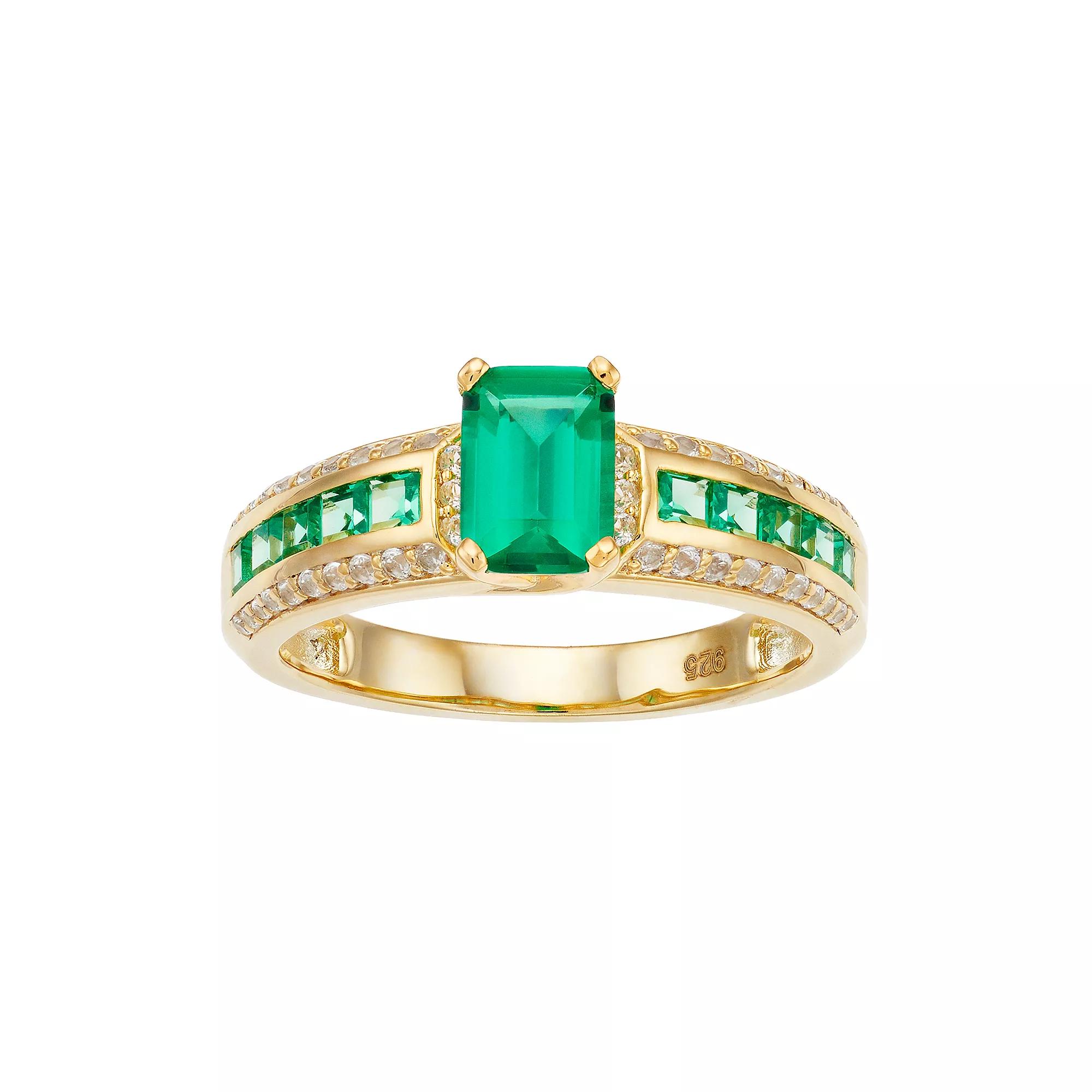 14K Gold Over Silver Lab Created Emerald Lab Created White Sapphire Ring, Women's, Size: 8, Gold Tone Product Image