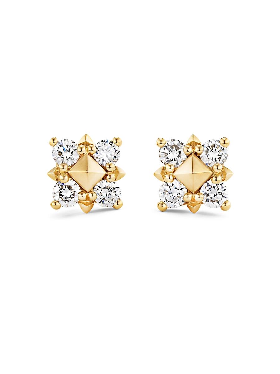Womens Petite Modern Renaissance Pyramid Pearl Stud Earrings in 18K Yellow Gold with Diamonds, 8MM Product Image
