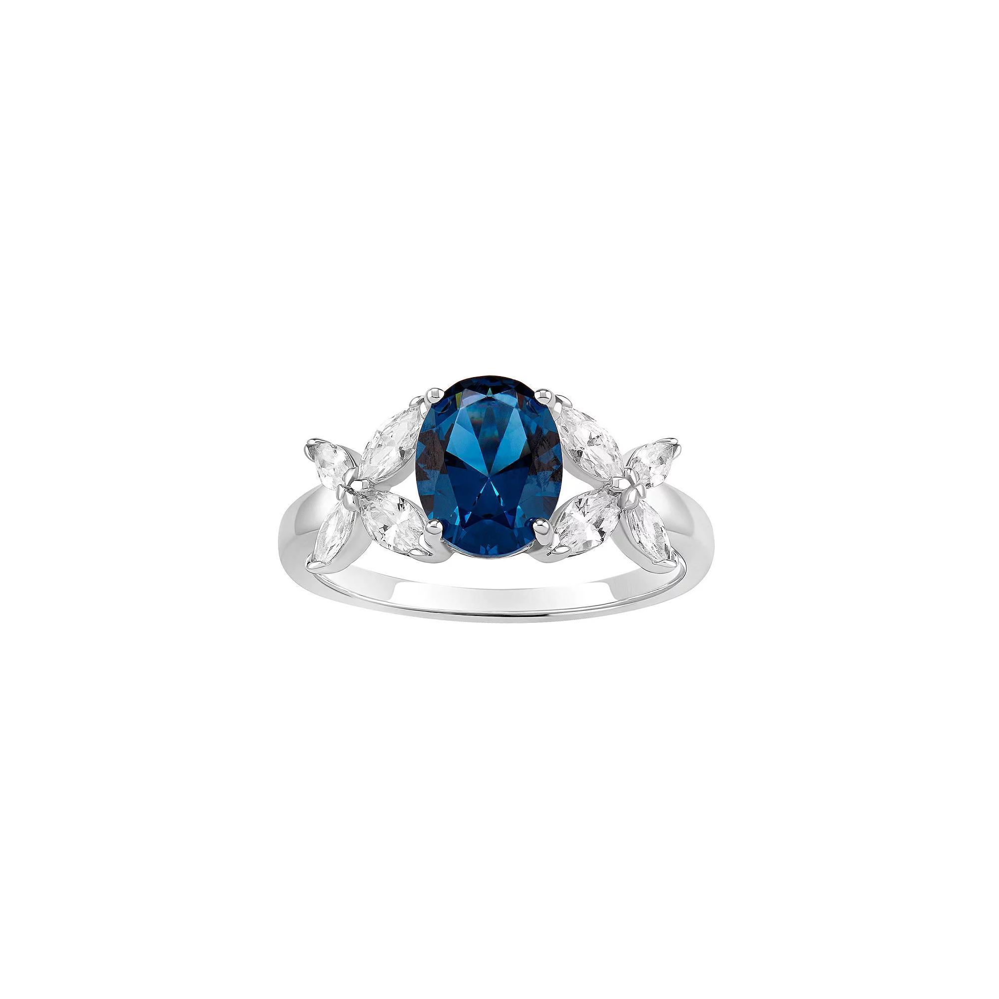 PRIMROSE Sterling Silver Oval Simulated Sapphire & Cubic Zirconia Flower Ring, Womens Sterling Blue Product Image