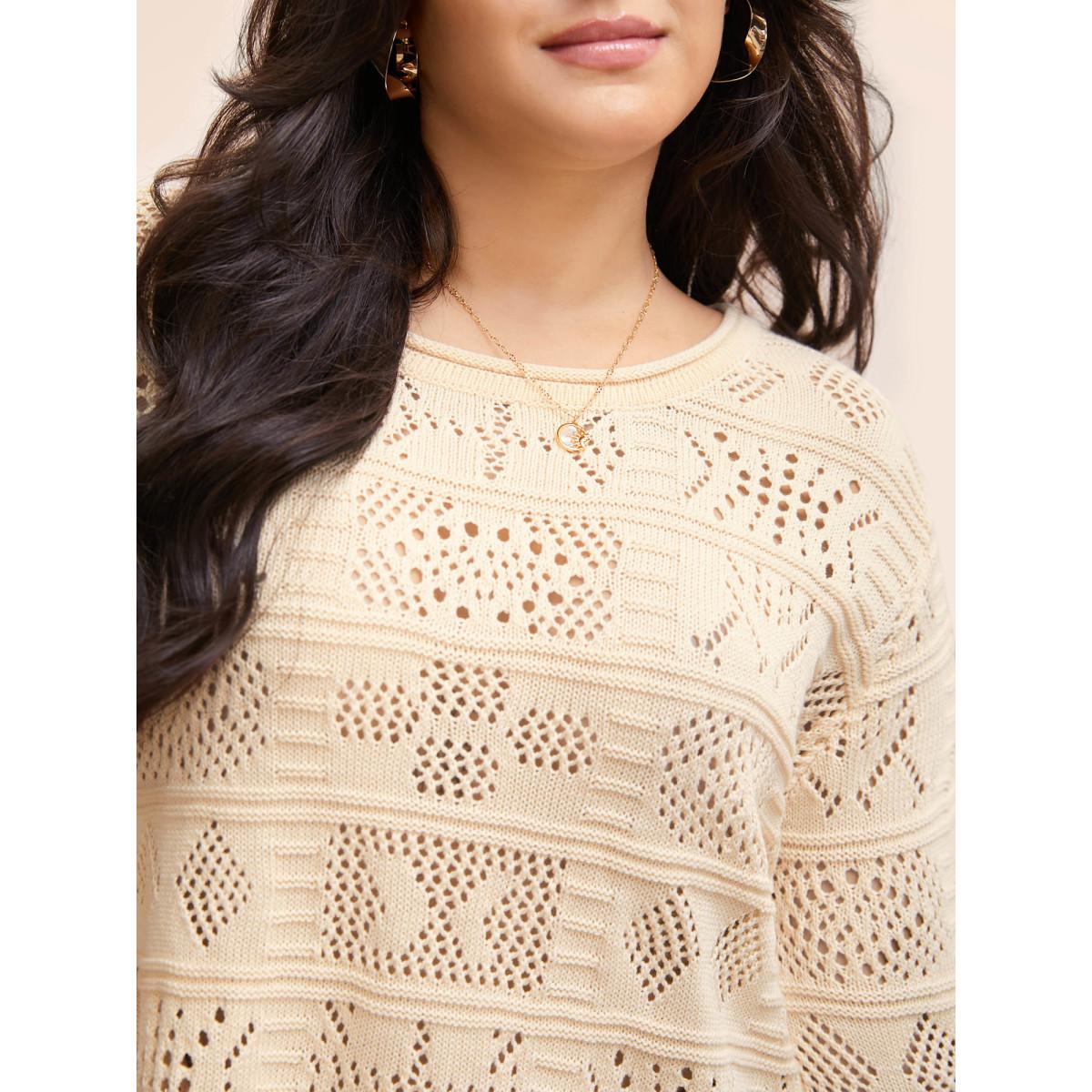 Plus Size Cotton Texture Cut Out Bell Sleeve Pullover Apricot Women Leisure Long Sleeve Round Neck Casual Pullovers BloomChic 30/6X Product Image