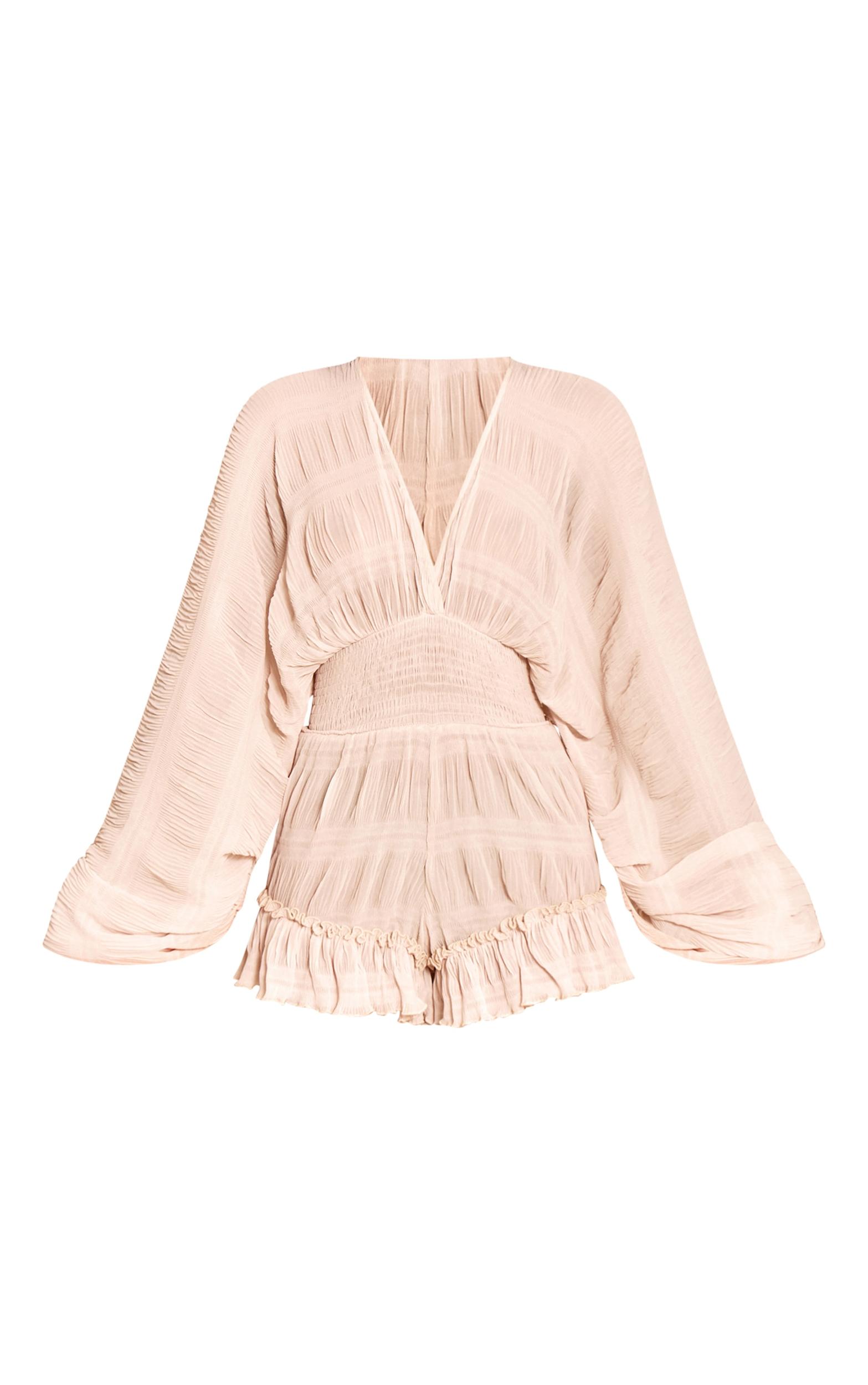 Cream Textured V Neck Frill Romper Product Image