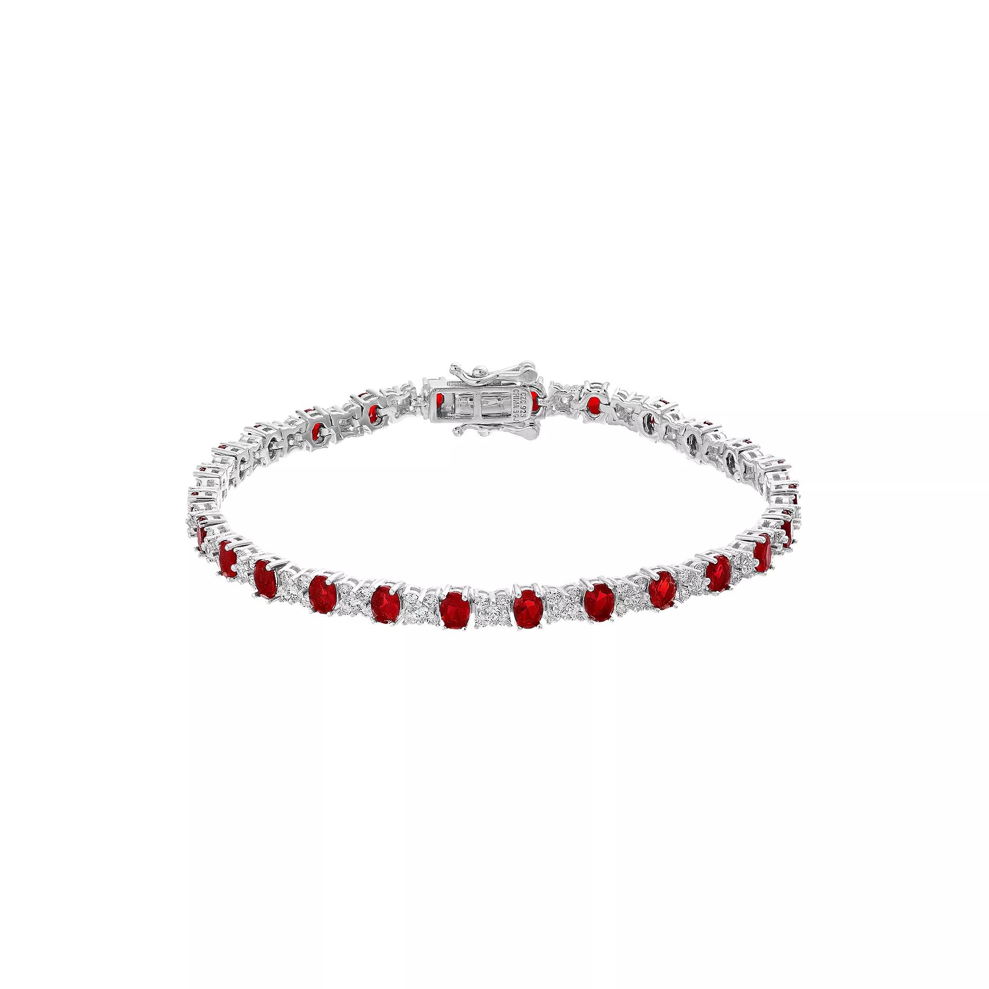 Sterling Silver Red Oval & Clear Round Cubic Zirconia Tennis Bracelet, Womens White Product Image