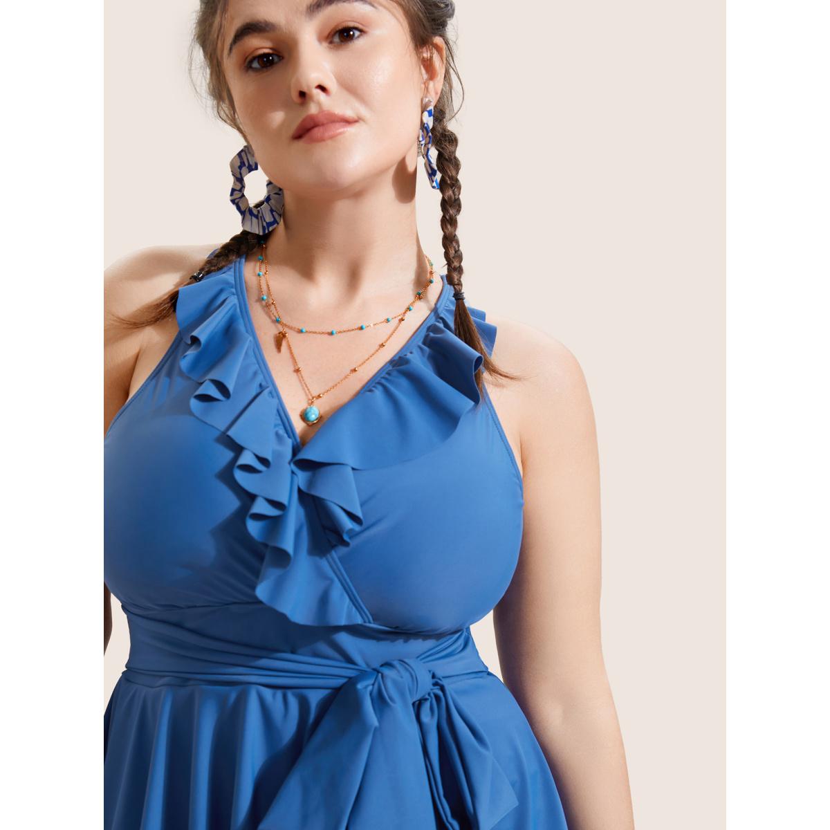 Plus Size Solid Ruffle Trim Tie Knot Swim Dress Women's Swimwear Cerulean Beach Bodycon V-neck High stretch Curve Swim Dresses BloomChic 30/6X Product Image