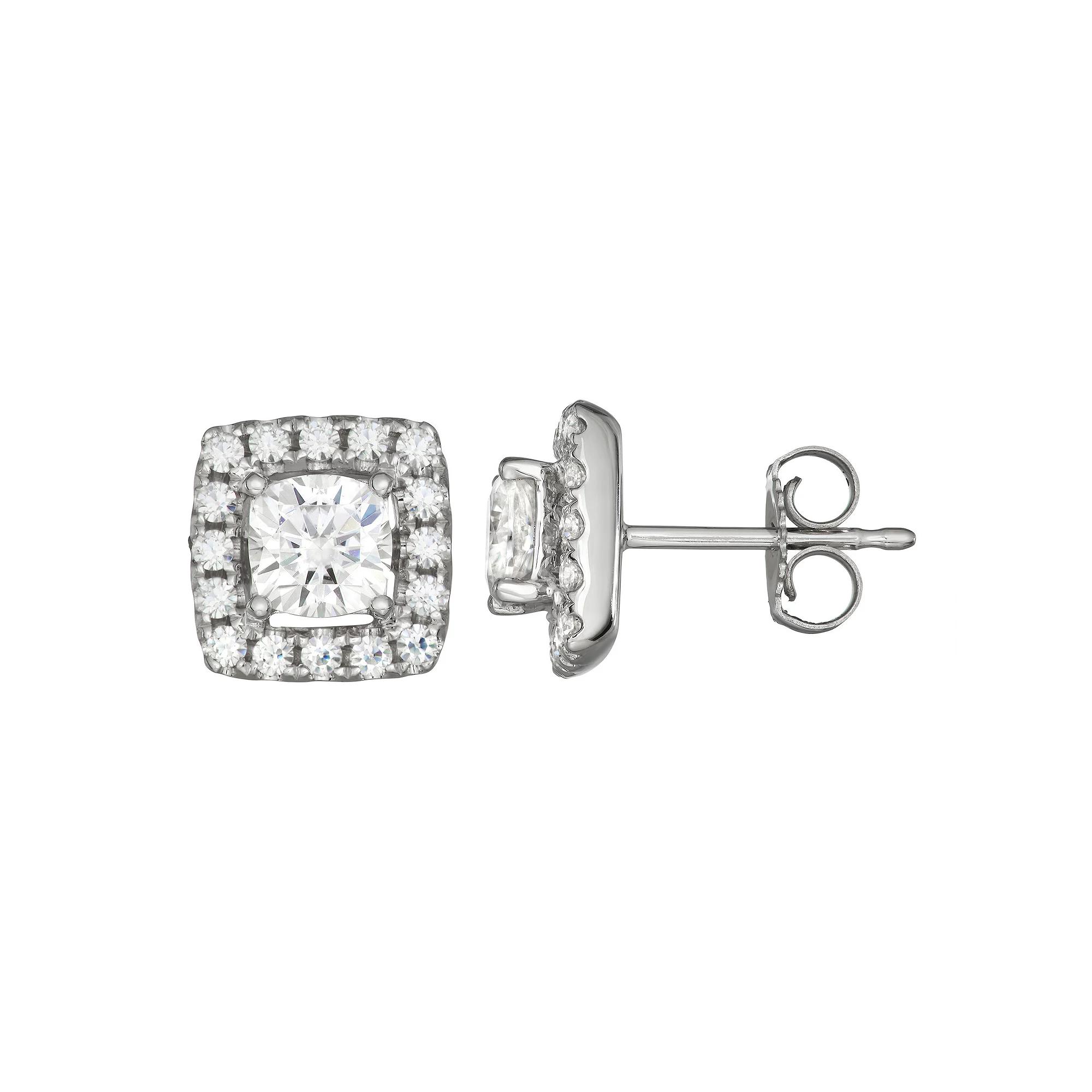 Charles & Colvard 14k White Gold 1 1/3 Carat T.W. Lab-Created Moissanite Cushion Halo Stud Earrings, Women's Product Image