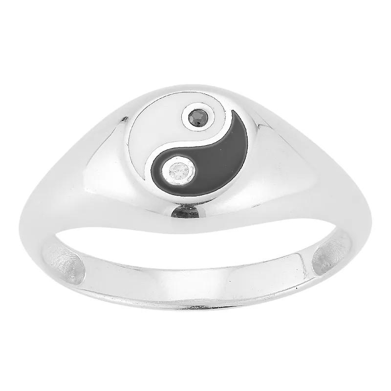 Sunkissed Sterling Cubic Zirconia & Enamel Yin Yang Signet Ring, Women's, Size: 7, Silver Tone Product Image