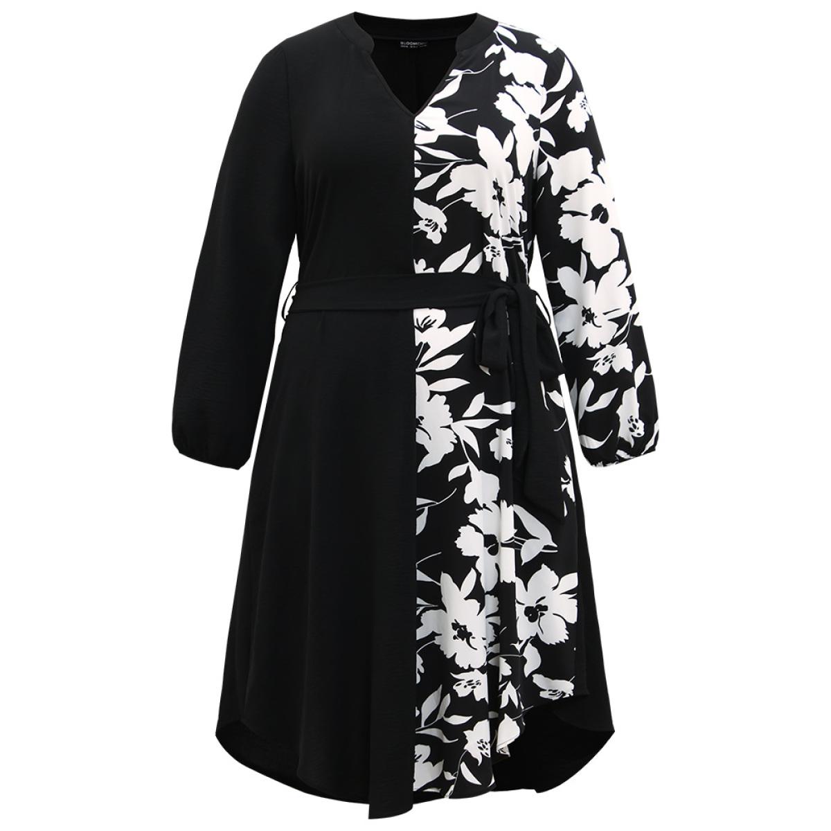 Plus Size Silhouette Floral Print Patchwork Pocket Dress Black Women Office Elastic cuffs Notched collar Long Sleeve Curvy Midi Dress BloomChic 30/6X Product Image