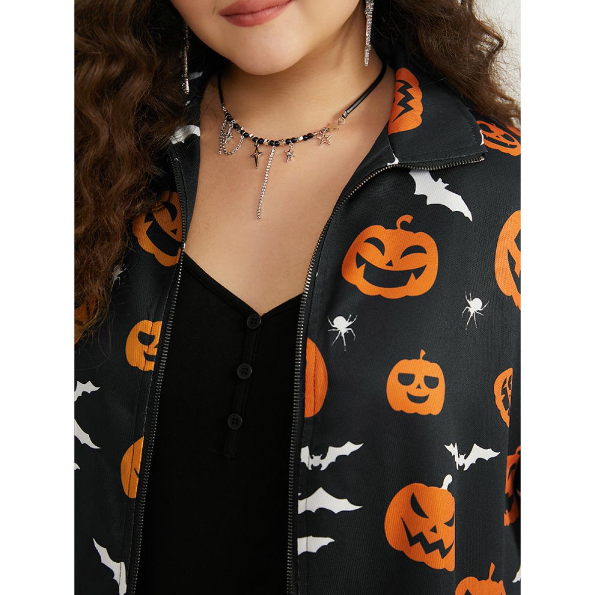 Plus Size Halloween Graphic Zipper Fly Pocket Coat Women Black Casual Elastic cuffs Ladies Dailywear Winter Coats BloomChic 14-16/1X Product Image