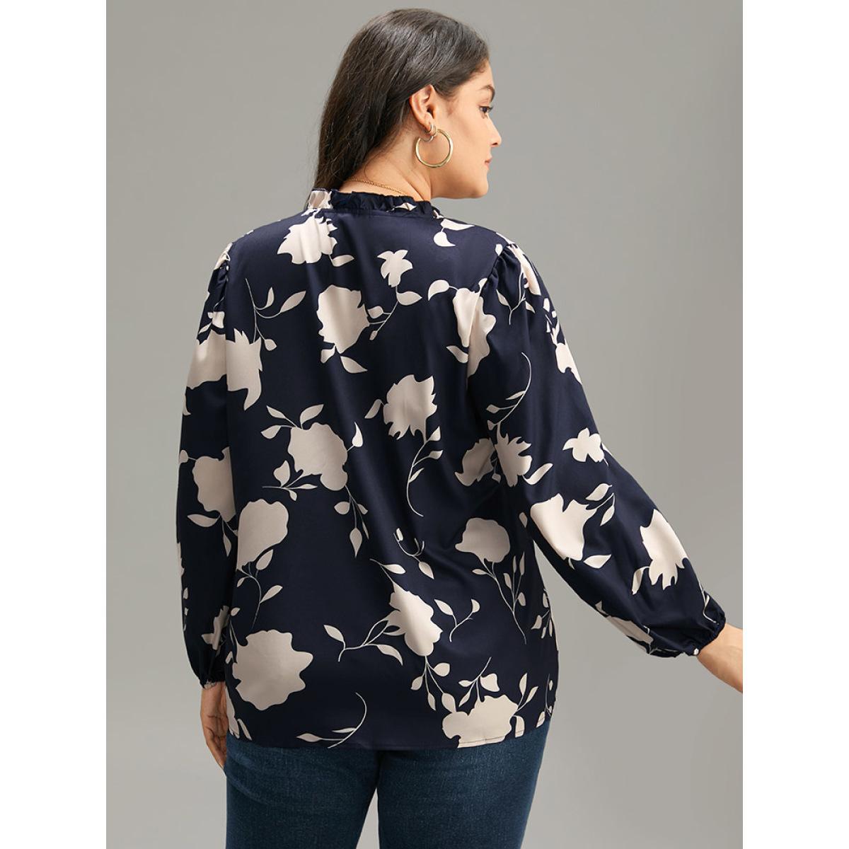 Plus Size Indigo Silhouette Floral Print Stand Collar Tie Neck Blouse Women Elegant Long Sleeve Tie Neck Dailywear Blouses BloomChic 10/M Product Image