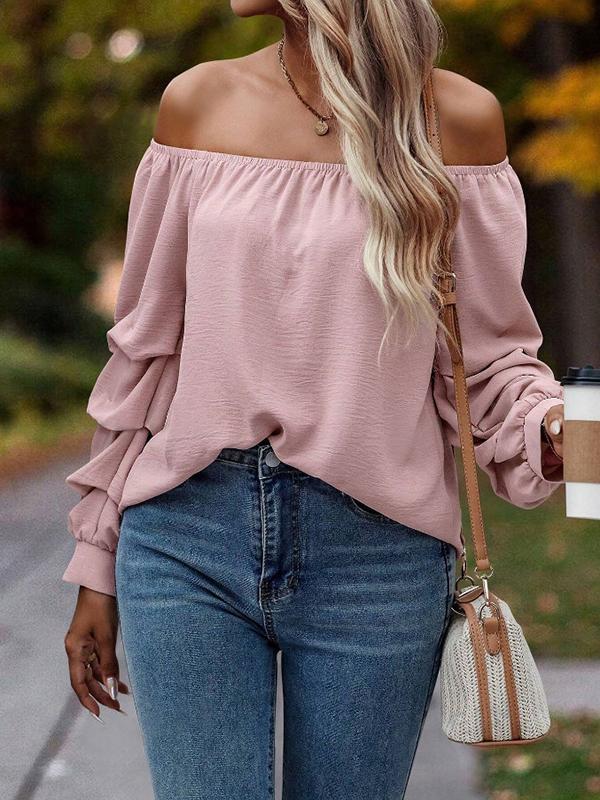 Long Sleeves Loose Elasticity Pleated Solid Color Off-The-Shoulder Blouses&Shirts Tops Product Image