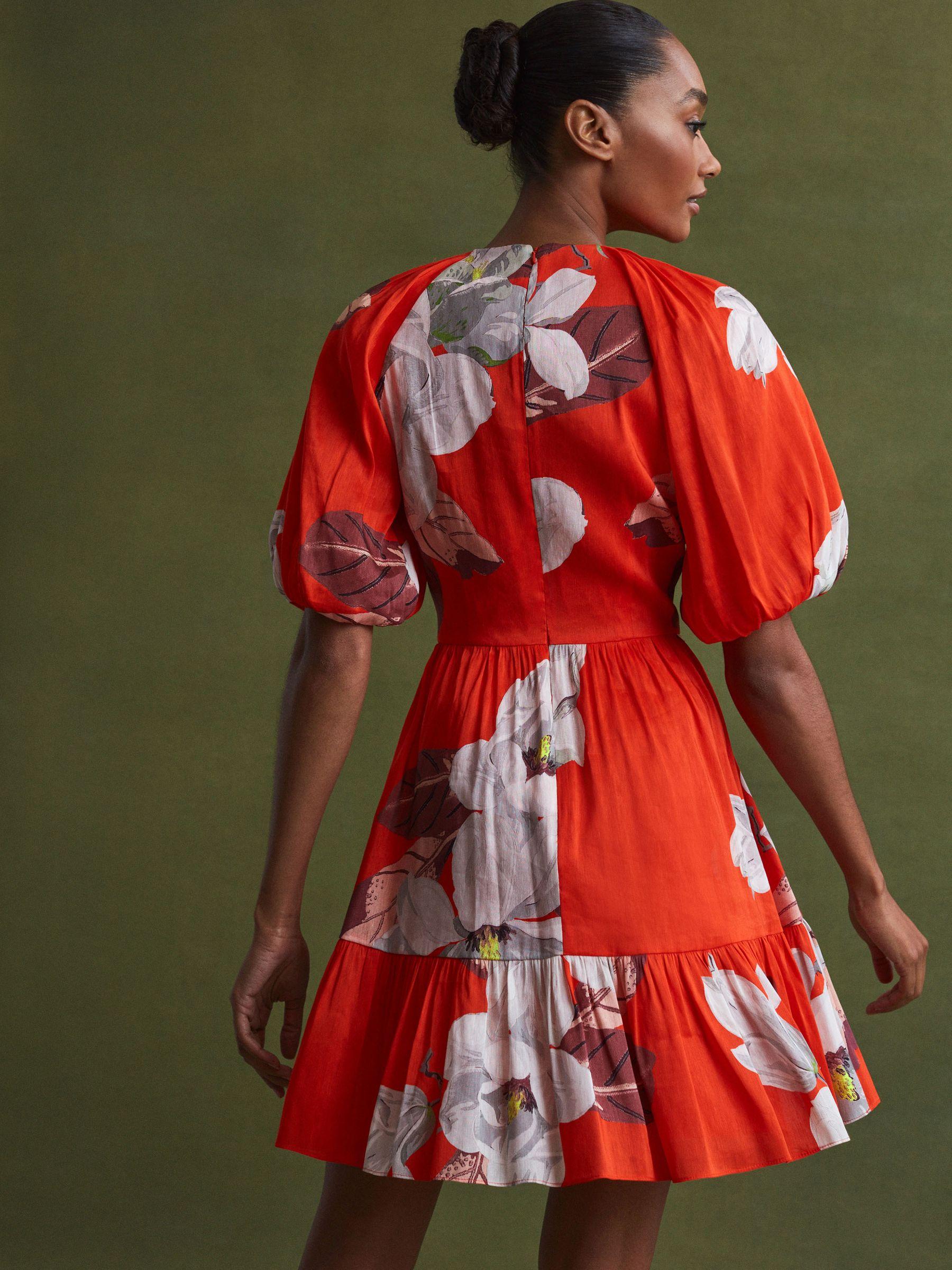 Florere Linen Silk Puff Sleeve Mini Dress in Orange Product Image