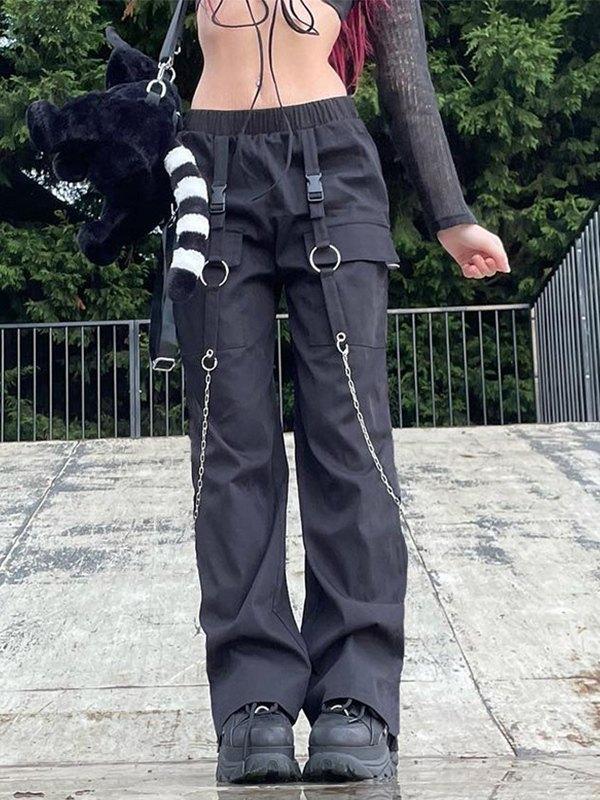 Buckle Strap Black Cargo Pants Product Image