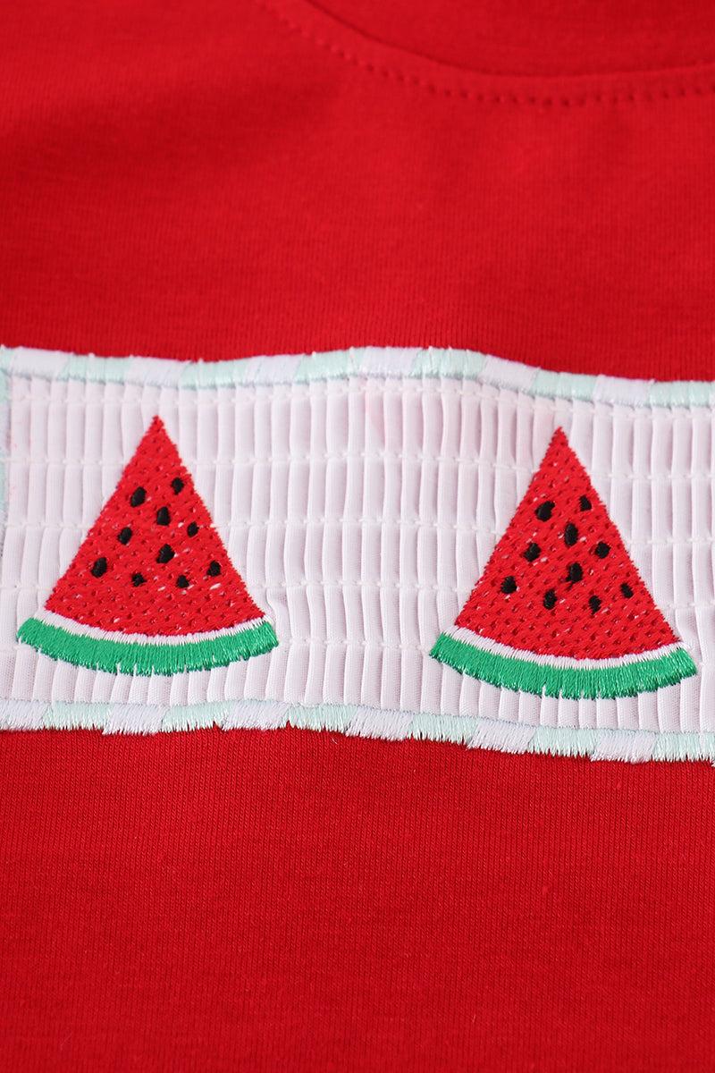Red watermelon embroidery smocked set Product Image