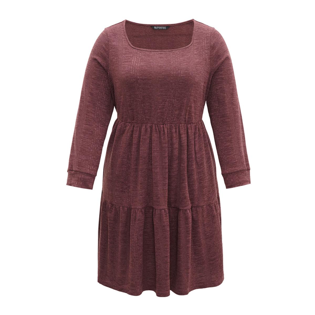 Plus Size Plain Square Neck Texture Gathered Dress Maroon Women Casual Texture Square Neck Long Sleeve Curvy Midi Dress BloomChic 14-16/1X Product Image