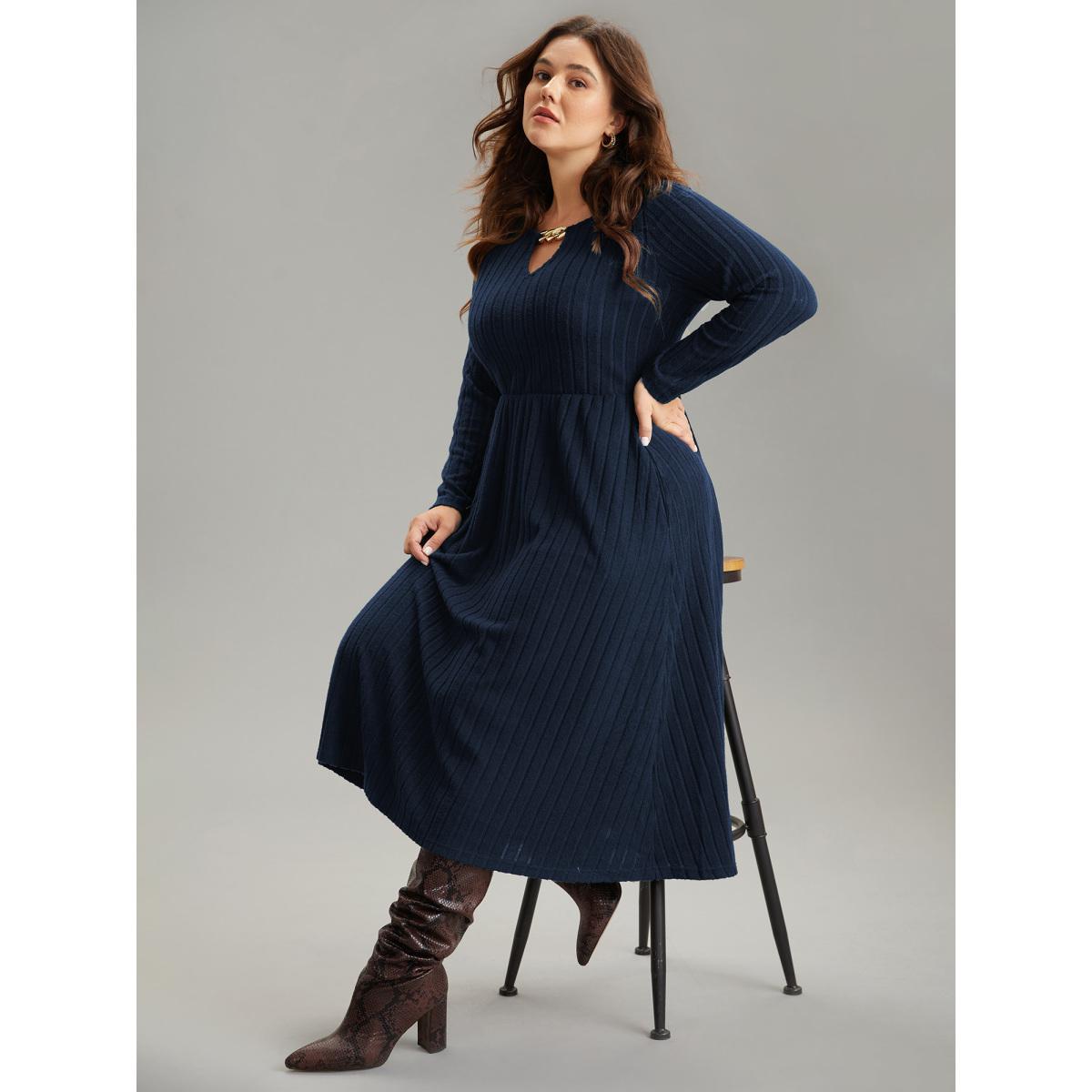 Plus Size Rib Knit Plain Notched Pocket Dress DarkBlue Women Work From Home Rib Knit Notched collar Long Sleeve Curvy Midi Dress BloomChic 18-20/2X Product Image