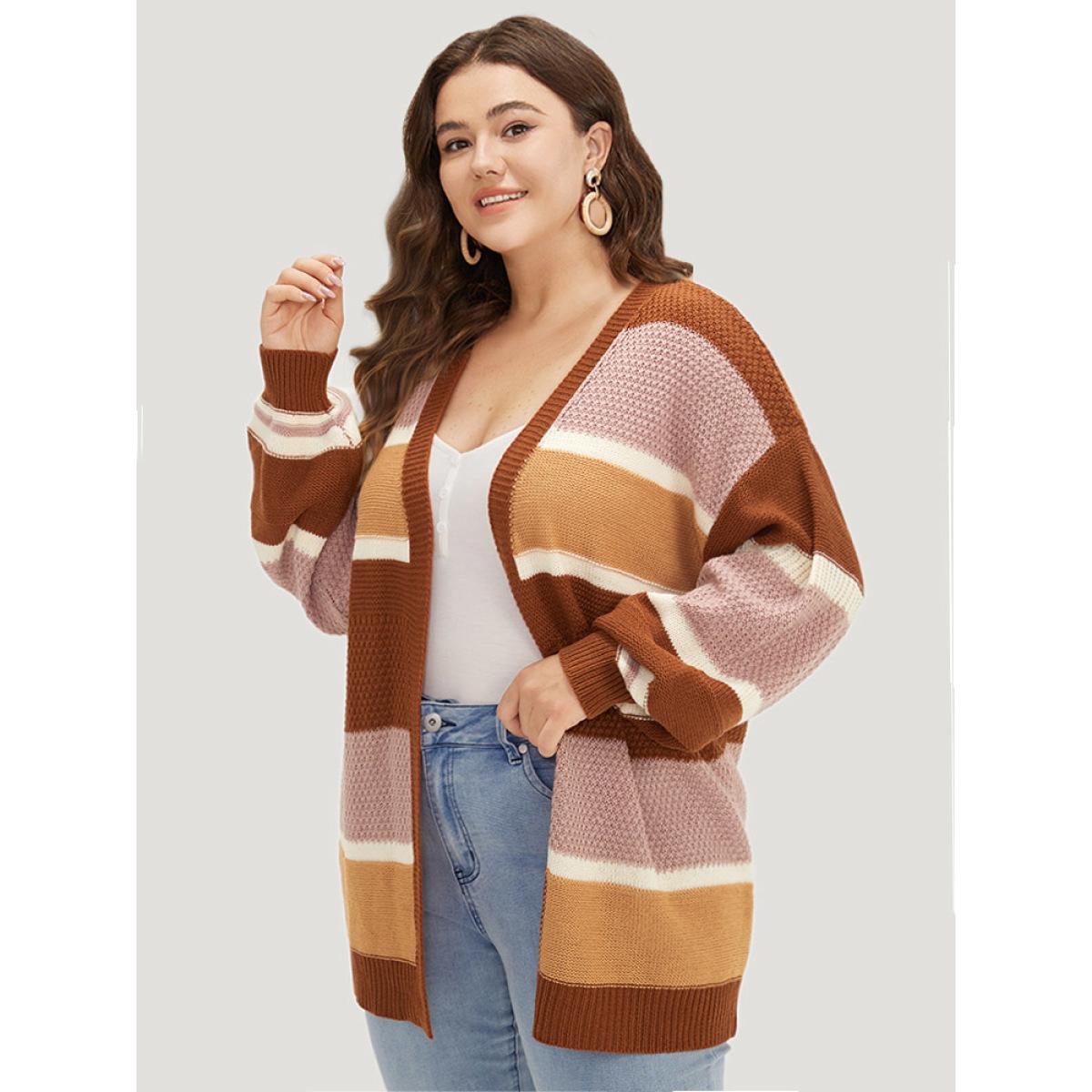 Plus Size Striped Contrast Elastic Cuffs Cardigan Multicolor Women Casual Loose Long Sleeve Dailywear Cardigans BloomChic 30/6X Product Image