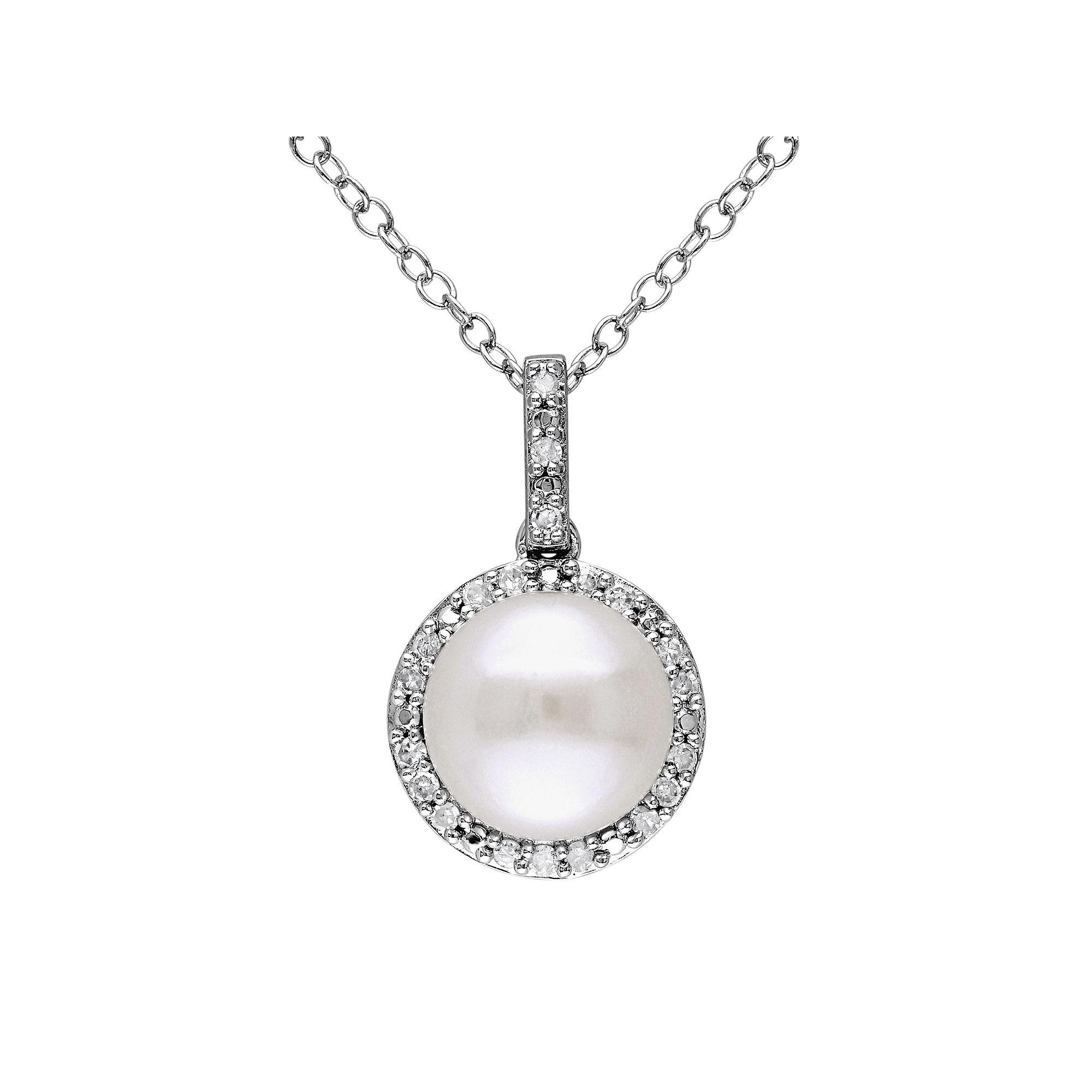 Stella Grace Freshwater Cultured Pearl & 1/10 Carat T.W. Diamond Sterling Silver Halo Pendant Necklace, Women's,  Product Image
