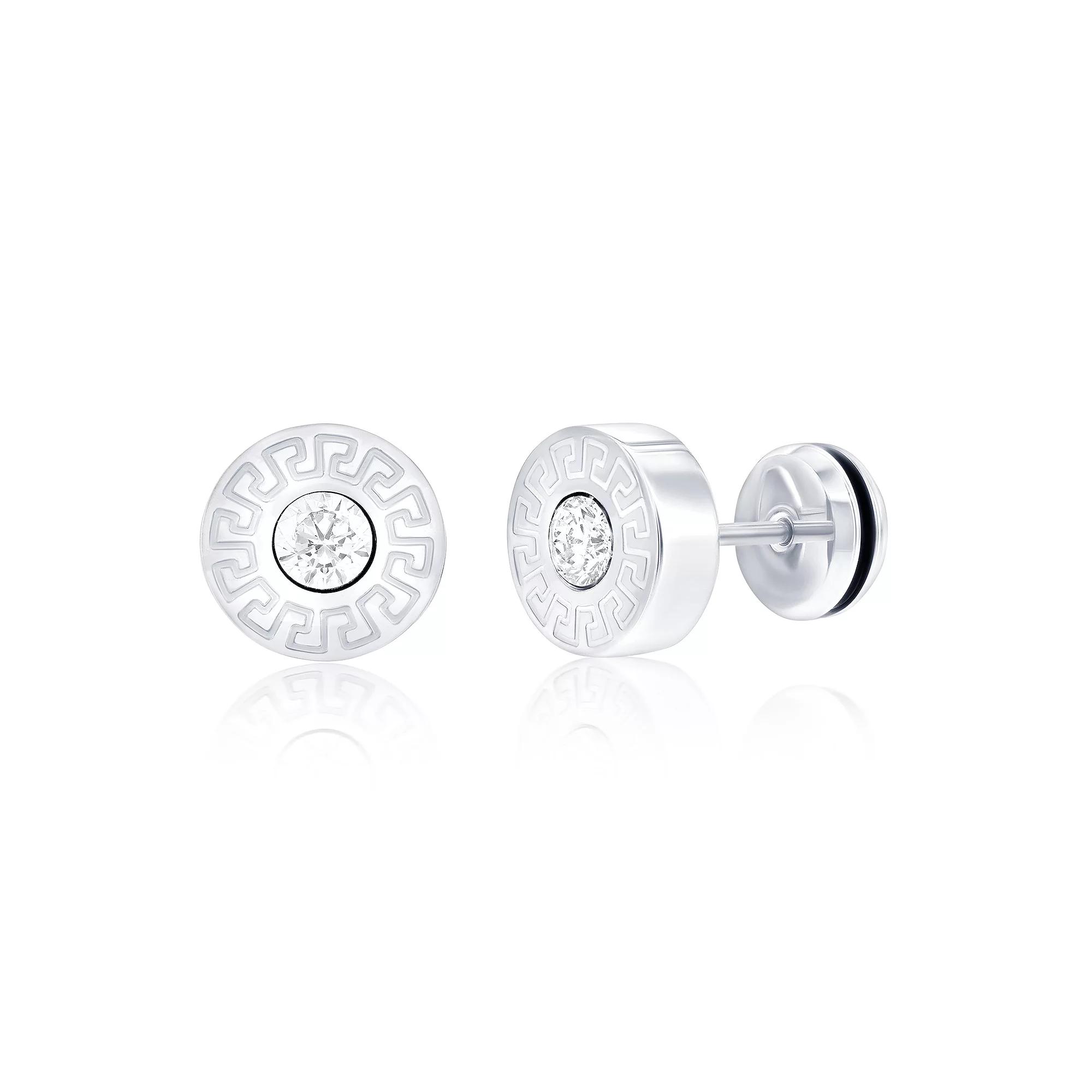 Men's Metallo Stainless Steel Cubic Zirconia 10 mm Round Greek Key Stud Earrings, Stainless White Product Image