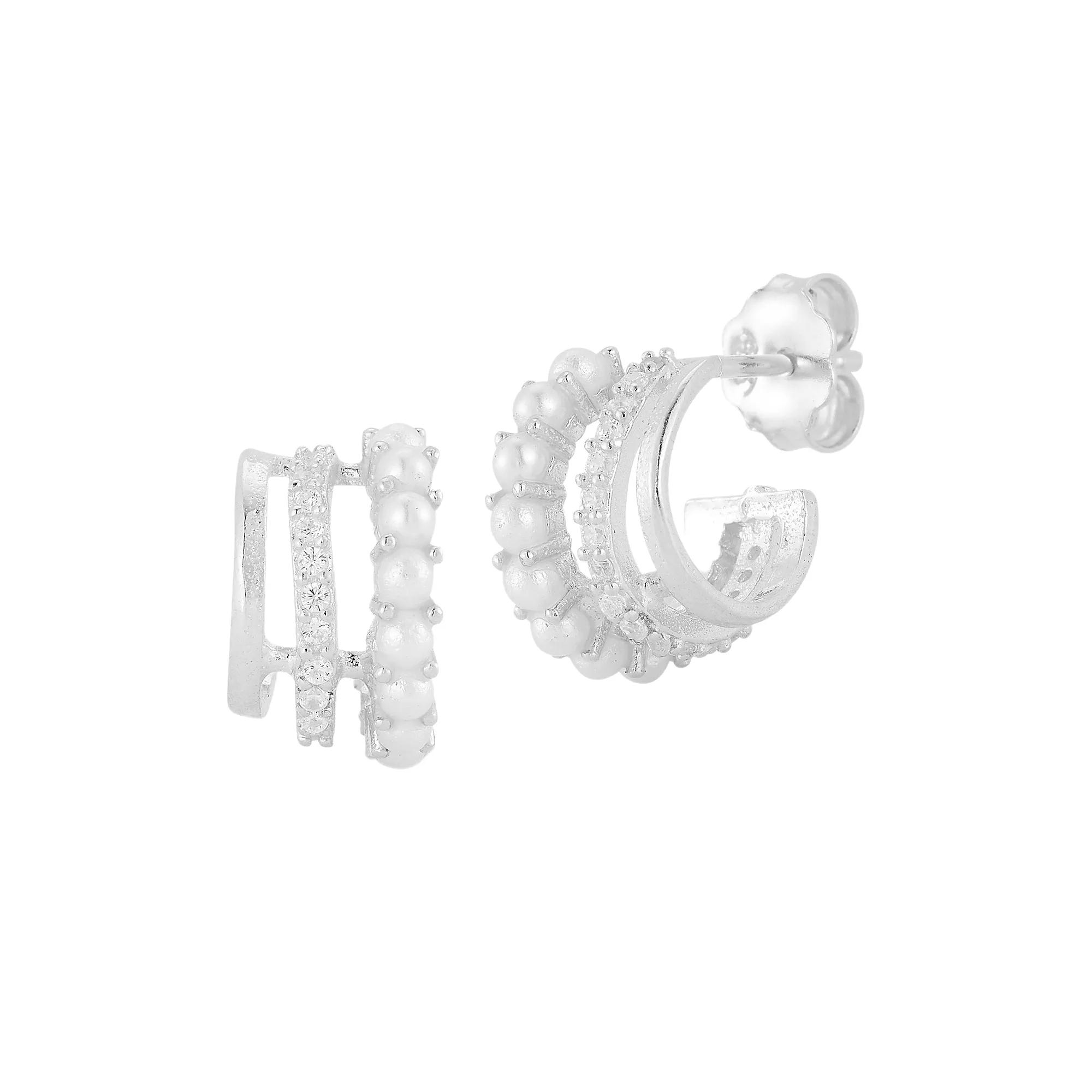 Sunkissed Sterling Cubic Zirconia Freshwater Cultured Pearl Triple Ring Earrings, Women's, Silver Tone Product Image