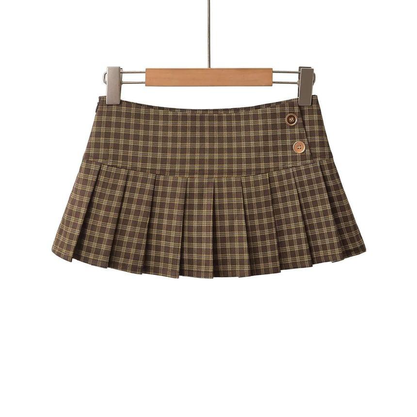 Low Waist Plaid Mini A-Line Pleated Skirt Product Image