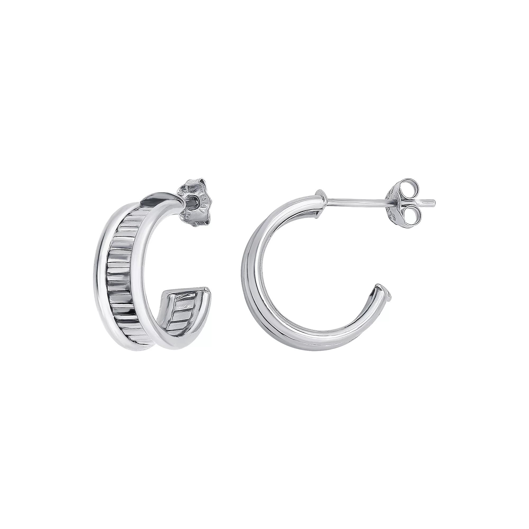 Aleure Precioso Sterling Silver Textured Center C-Hoop Earrings, Women's Product Image