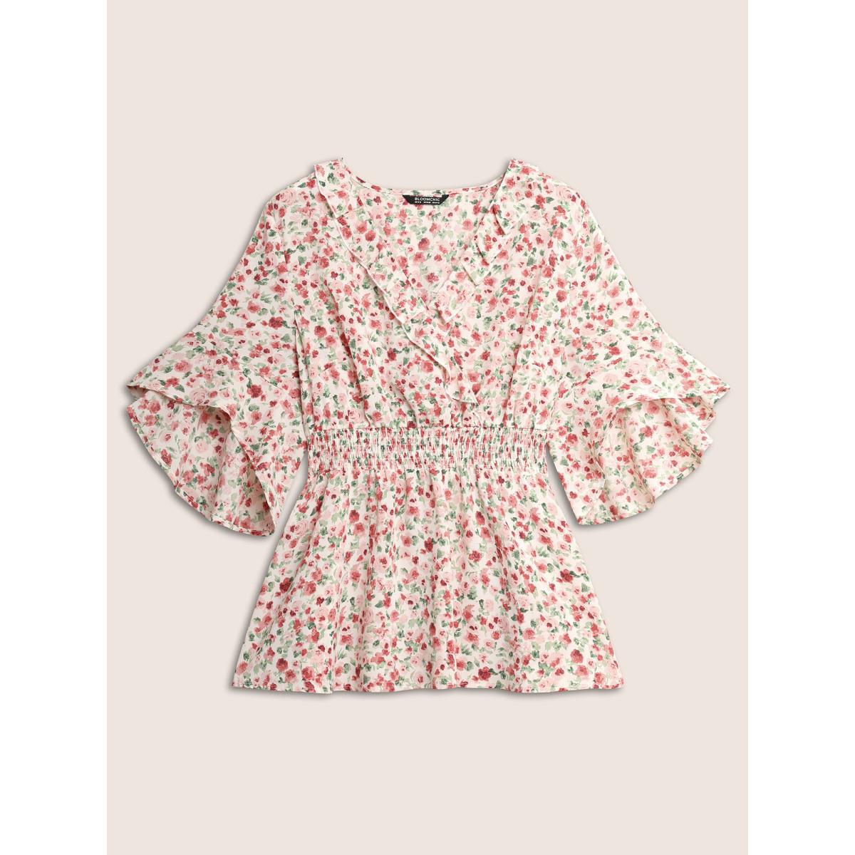 Plus Size Watermelon Ditsy Floral Overlap Collar Ruffles Shirred Blouse Women Elegant Half Sleeve Overlap Collar Everyday Blouses BloomChic 14-16/1X Product Image